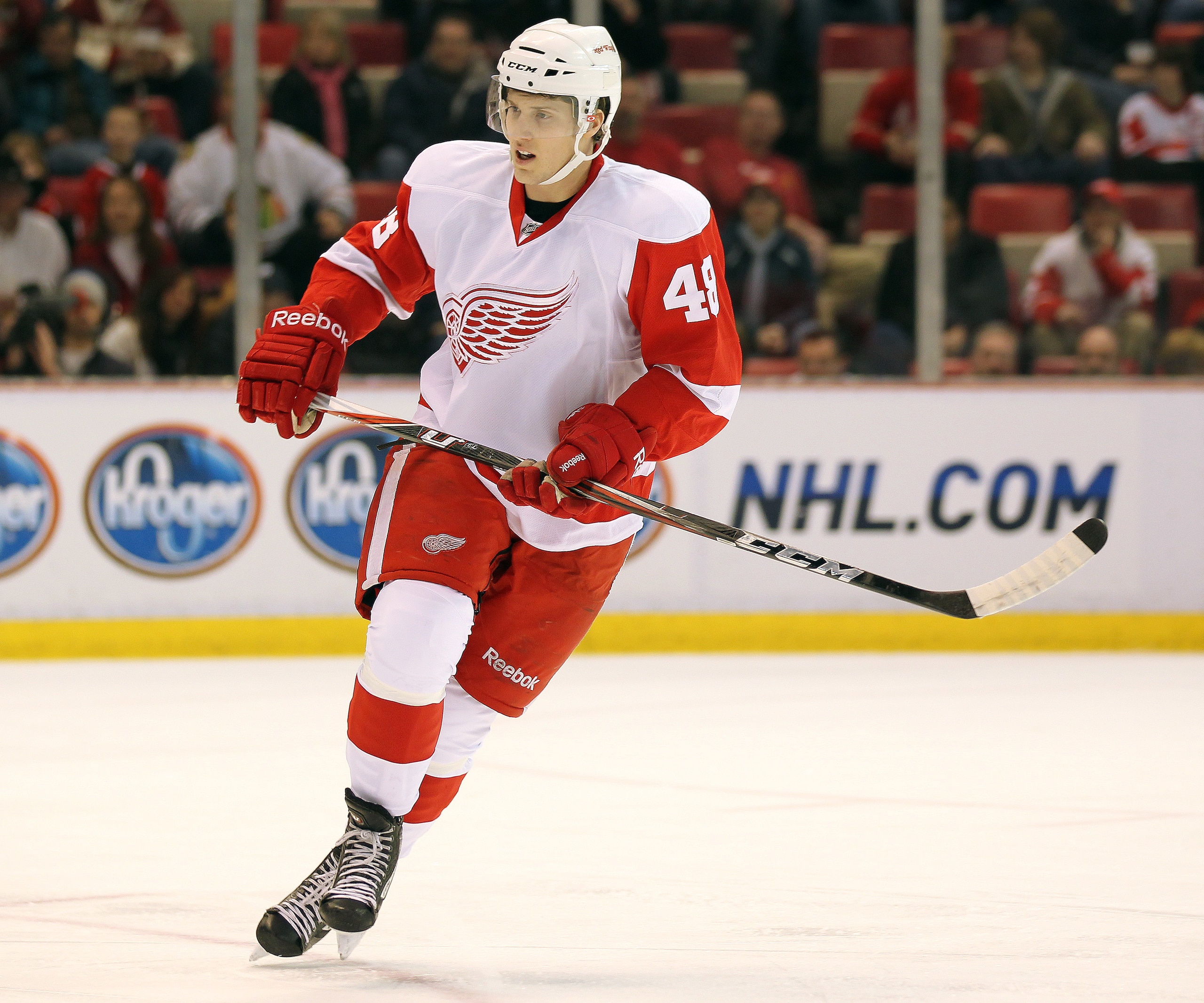DETROIT, MI - JANUARY 22:  Cory Emmerton #48 of the Detroit Red Wings skates in his 1st NHL game and scores his 1st NHL goal against the Chicago Black Hawks on January 22, 2011 at the Joe Louis Arena in Detroit, Michigan. The Hawks defeated the Wings 4-1.