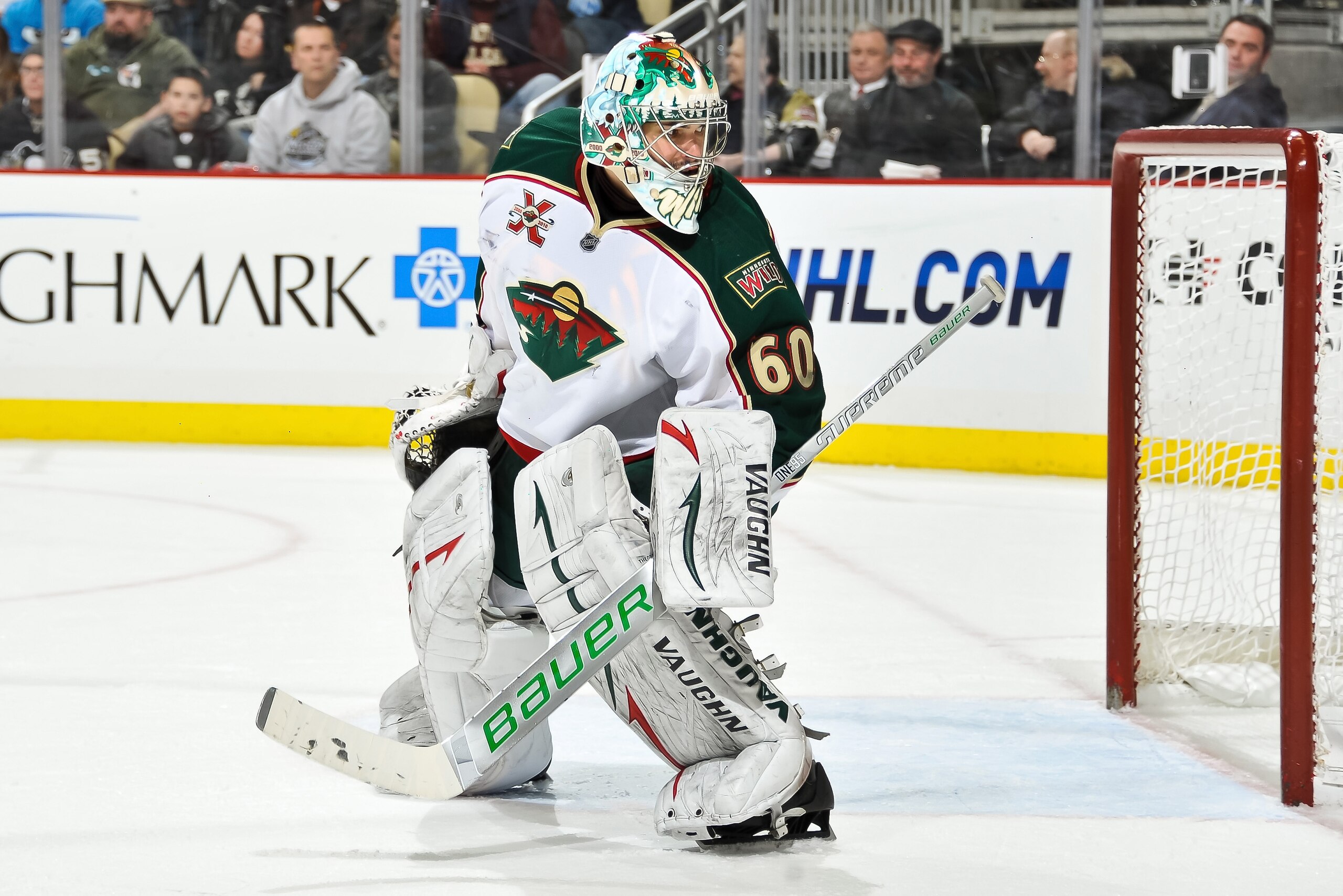 PITTSBURGH, PA - JANUARY 08:  Goaltender Jose Theodore #60 of the Minnesota Wild guards the net against the Pittsburgh Penguins on January 8, 2011 at CONSOL Energy Center in Pittsburgh, Pennsylvania.  (Photo by Jamie Sabau/Getty Images)