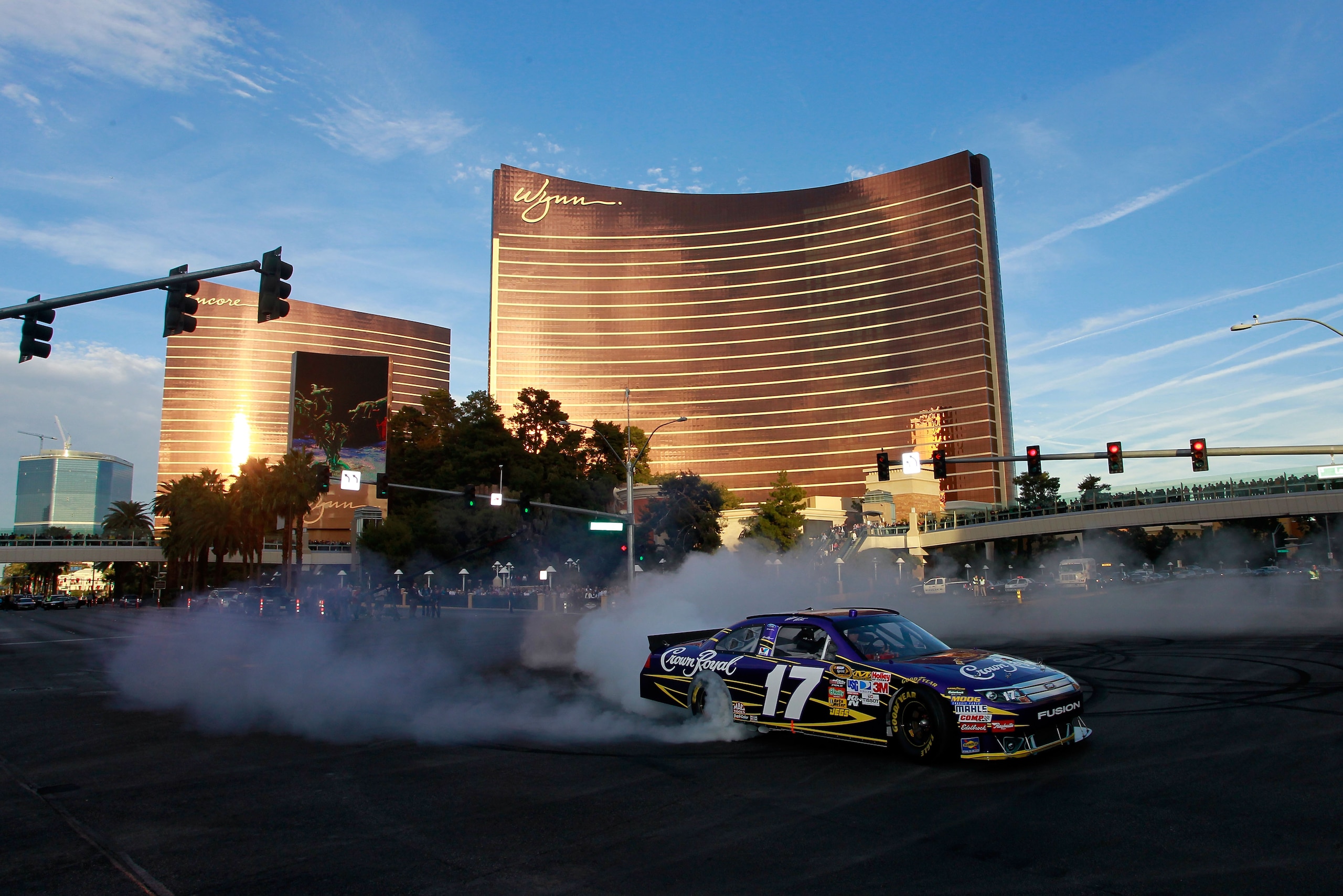 LAS VEGAS, NV - DECEMBER 02:  Matt Kenseth, driver of the #17 Crown Royal Ford, does a burnout during the NASCAR Sprint Cup Series Champions Week Victory Lap outside of the Wynn Las Vegas Hotel on December 2, 2010 in Las Vegas, Nevada.  (Photo by Chris Tr