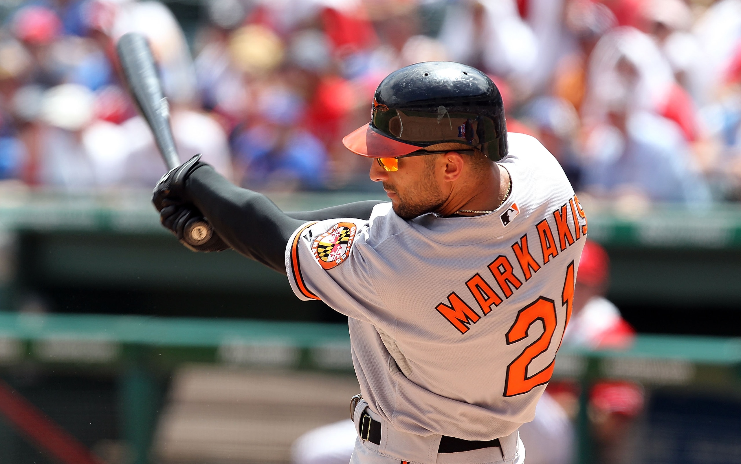 ARLINGTON, TX - JULY 11:  Nick Makakis #21 of the Baltimore Orioles at bat against the Texas Rangers on July 11, 2010 at Rangers Ballpark in Arlington, Texas.  (Photo by Ronald Martinez/Getty Images)