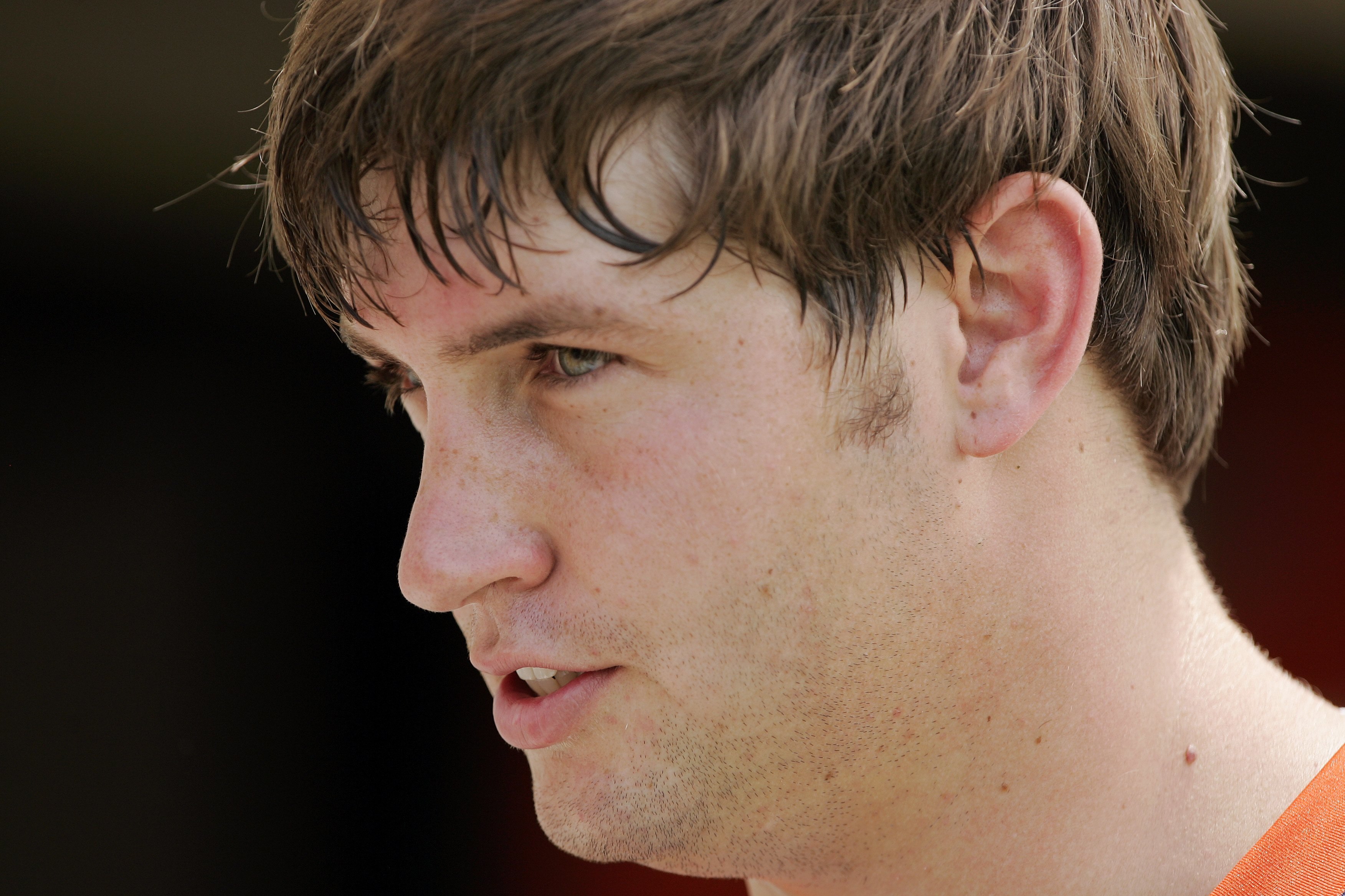 DENVER - JULY 07: Quarterback Jay Cutler #6 of the Denver Broncos gives a short interview during minicamp on July 7, 2006 at the Paul D. Bowlen Memorial Broncos Centre in the Dove Valley Business Park of Englewood, Colorado. Cutler was the Broncos first r