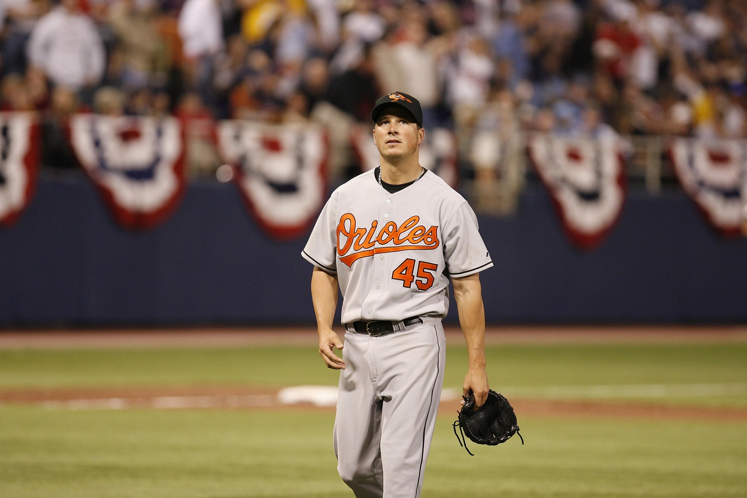 MINNEAPOLIS, MN - APRIL 2:  Erik Bedard #45 of the Baltimore Orioles walks toward the dugout against the Minnesota Twins during the Opening Day game on April 2, 2007 at the Metrodome in Minneapolis, Minnesota.  The Twins won 7-4.  (Photo by Scott A. Schne