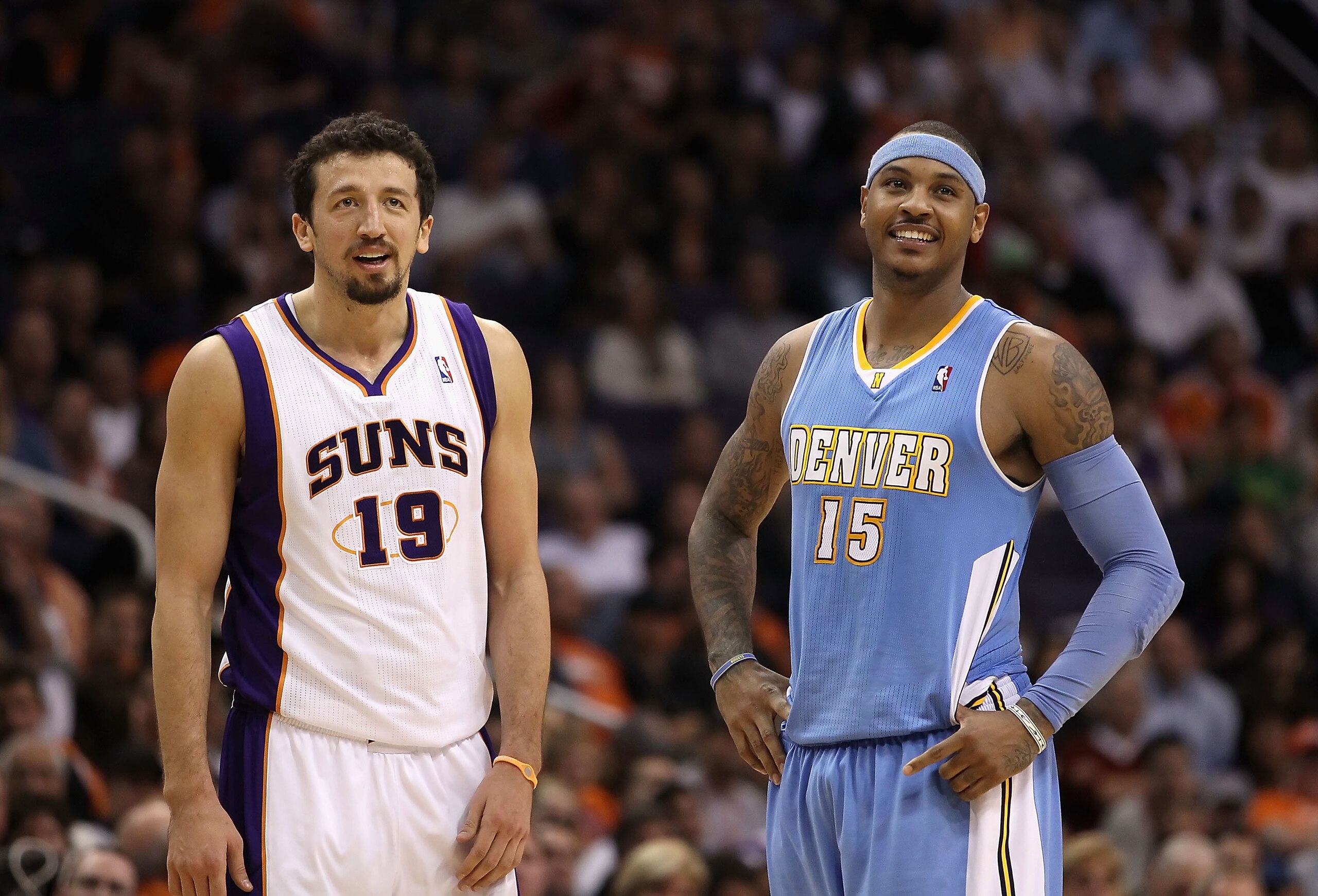 PHOENIX - NOVEMBER 15: Hedo Turkoglu #19 of the Phoenix Suns and Carmelo Anthony #15 of the Denver Nuggets during the NBA game at US Airways Center on November 15, 2010 in Phoenix, Arizona. NOTE TO USER: User expressly acknowledges and agrees that, by d PHOENIX - NOVEMBER 15: Hedo Turkoglu #19 of the Phoenix Suns and Carmelo Anthony #15 of the Denver Nuggets during the NBA game at US Airways Center on November 15, 2010 in Phoenix, Arizona. NOTE TO USER: User expressly acknowledges and agrees that, by d