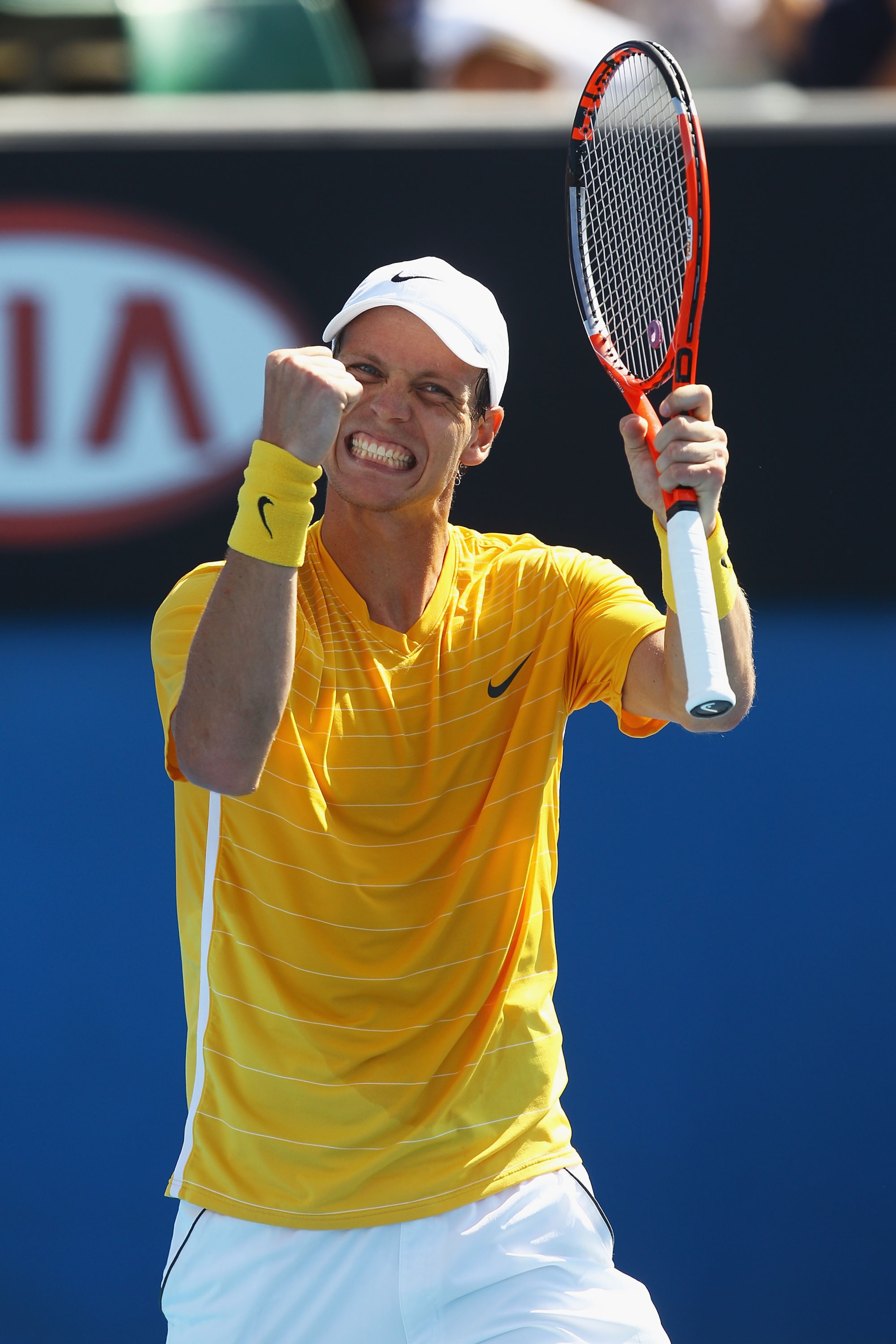 MELBOURNE, AUSTRALIA - JANUARY 21:  Tomas Berdych of Czech Republic celebrates in his third round match against Richard Gasquet of France during day five of the 2011 Australian Open at Melbourne Park on January 21, 2011 in Melbourne, Australia.  (Photo by