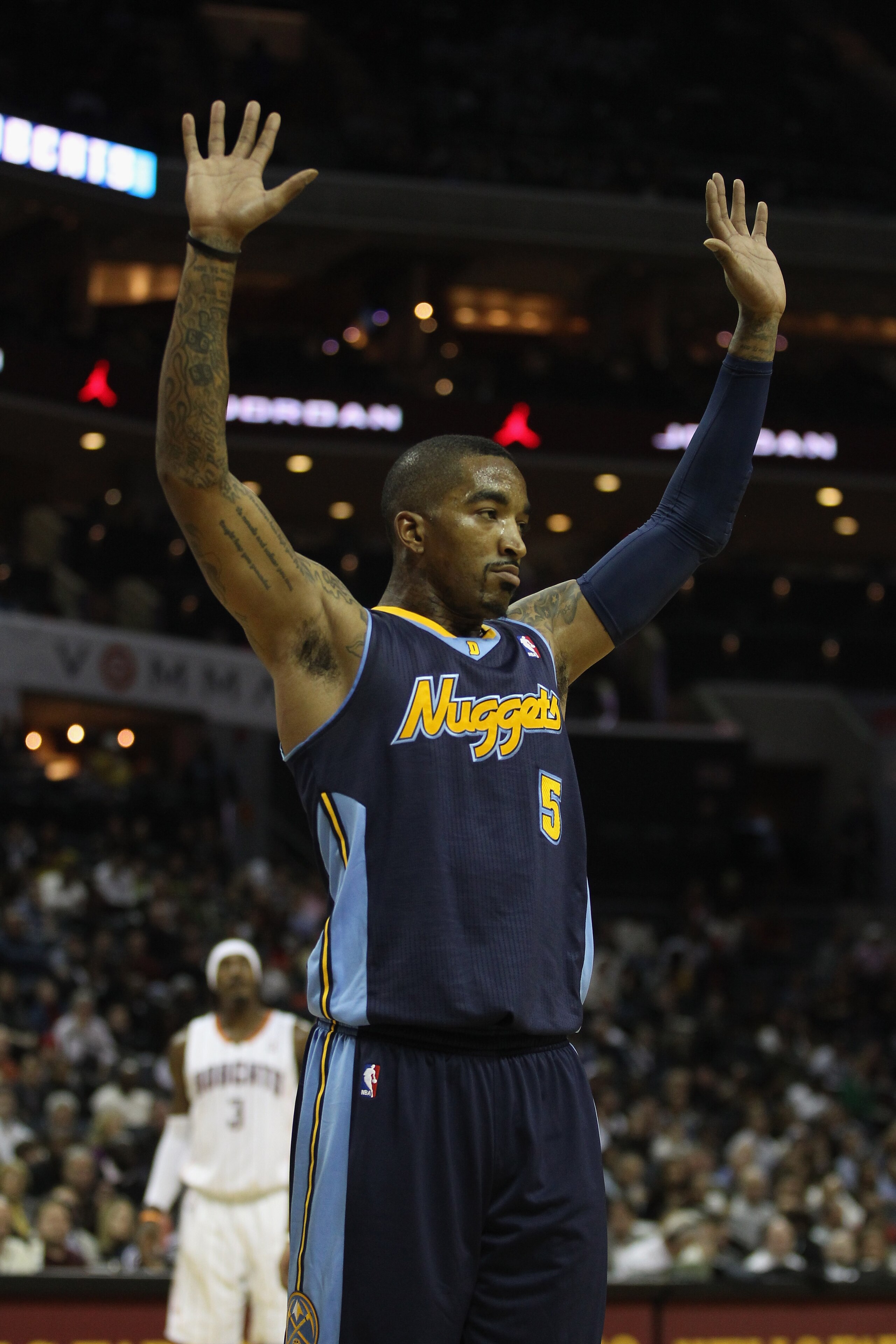 CHARLOTTE, NC - DECEMBER 07: J.R. Smith #5 of the Denver Nuggets against the Charlotte Bobcats during their game at Time Warner Cable Arena on December 7, 2010 in Charlotte, North Carolina. NOTE TO USER: User expressly acknowledges and agrees that, by d CHARLOTTE, NC - DECEMBER 07: J.R. Smith #5 of the Denver Nuggets against the Charlotte Bobcats during their game at Time Warner Cable Arena on December 7, 2010 in Charlotte, North Carolina. NOTE TO USER: User expressly acknowledges and agrees that, by d