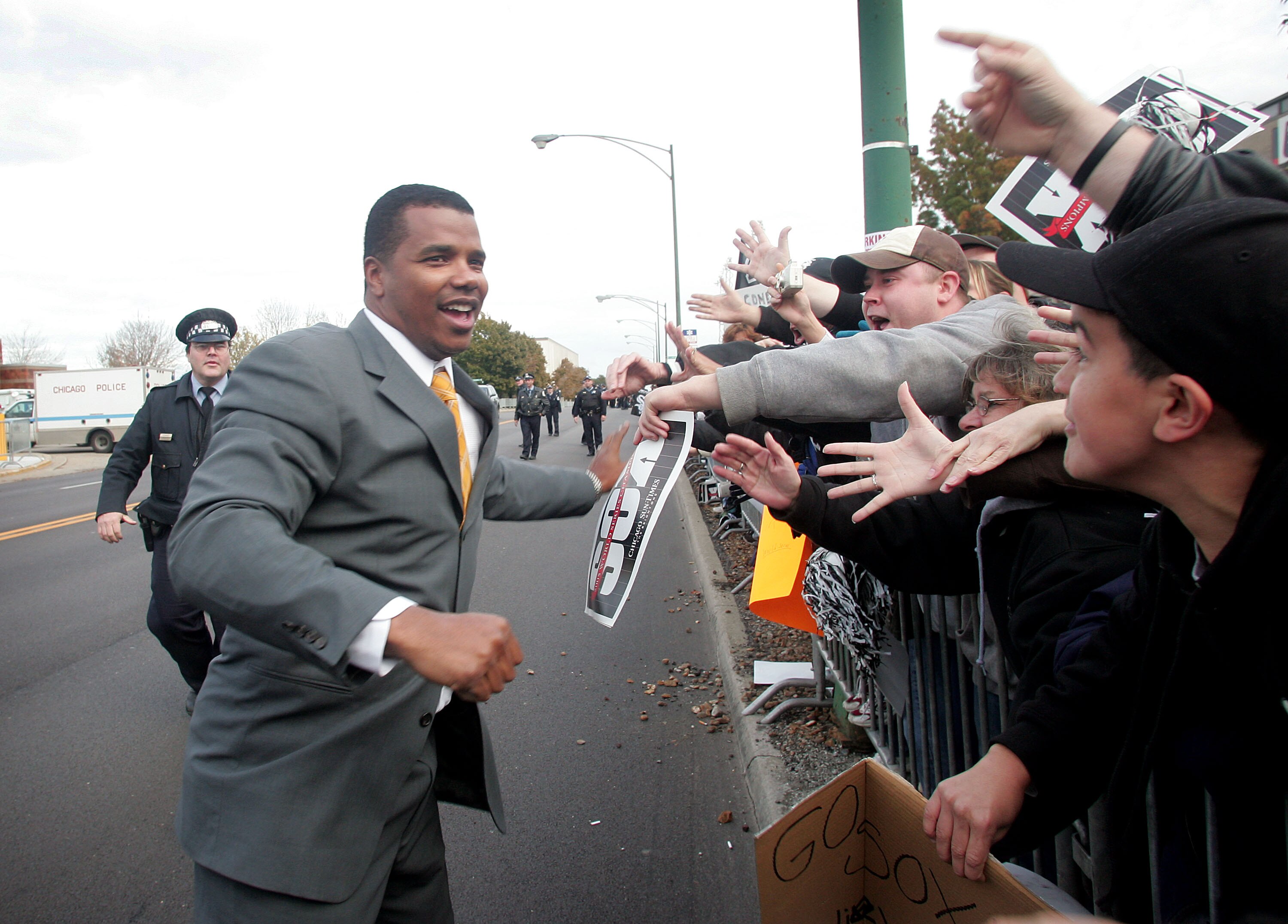 CHICAGO - OCTOBER 27:  General Manager Kenny Williams of the Chicago White Sox greets fans as the team leaves Midway Airport after arriving back in town from their defeat of the Houston Astros in the World Series October 27, 2005 in Chicago, Illinois. The