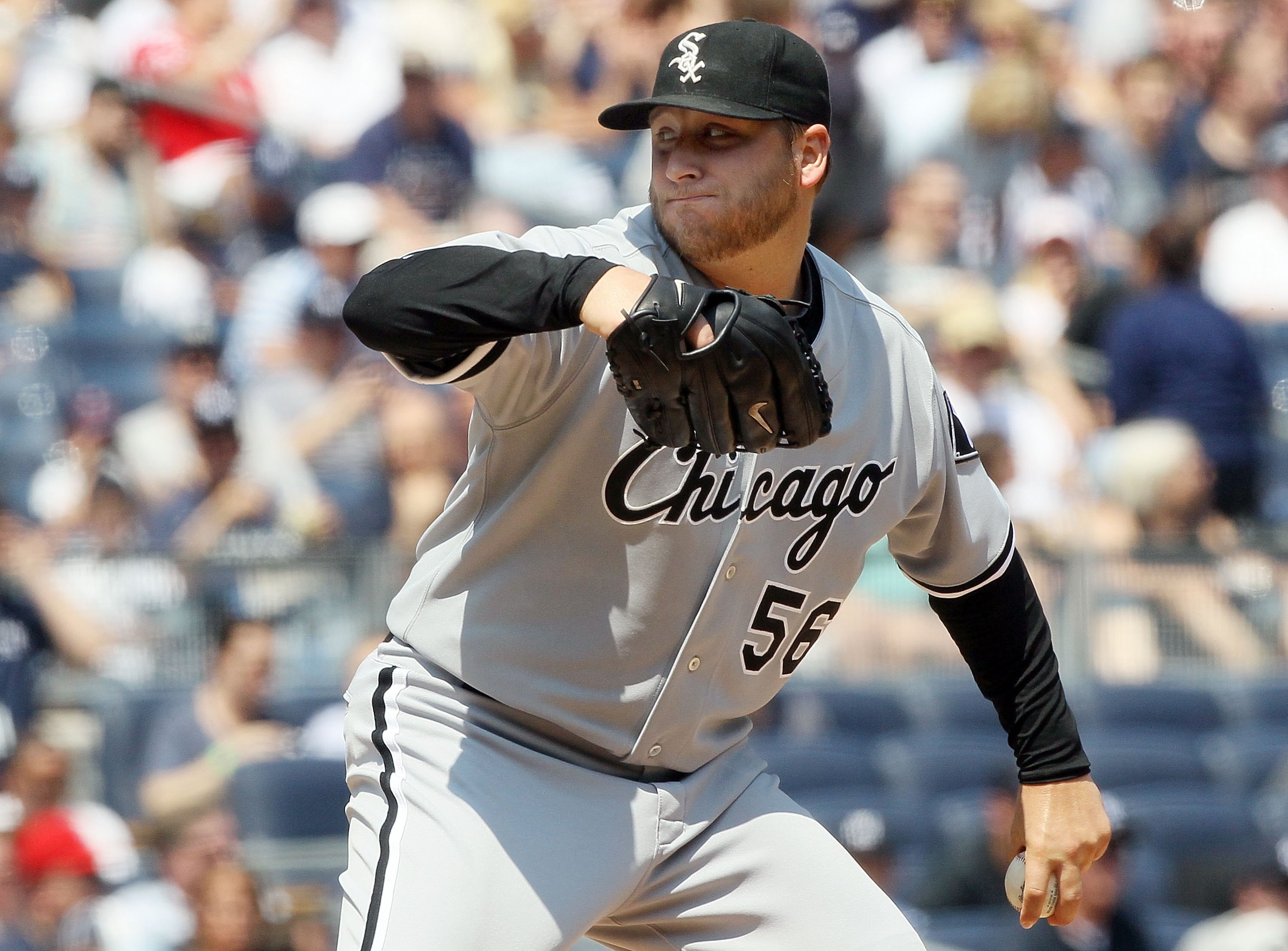 NEW YORK - MAY 02:  Mark Buehrle #56 of the Chicago White Sox delivers a pitch against the New York Yankees on May 2, 2010 at Yankee Stadium in the Bronx borough of New York City. The Yankees defeated the White Sox 12-3.  (Photo by Jim McIsaac/Getty Image