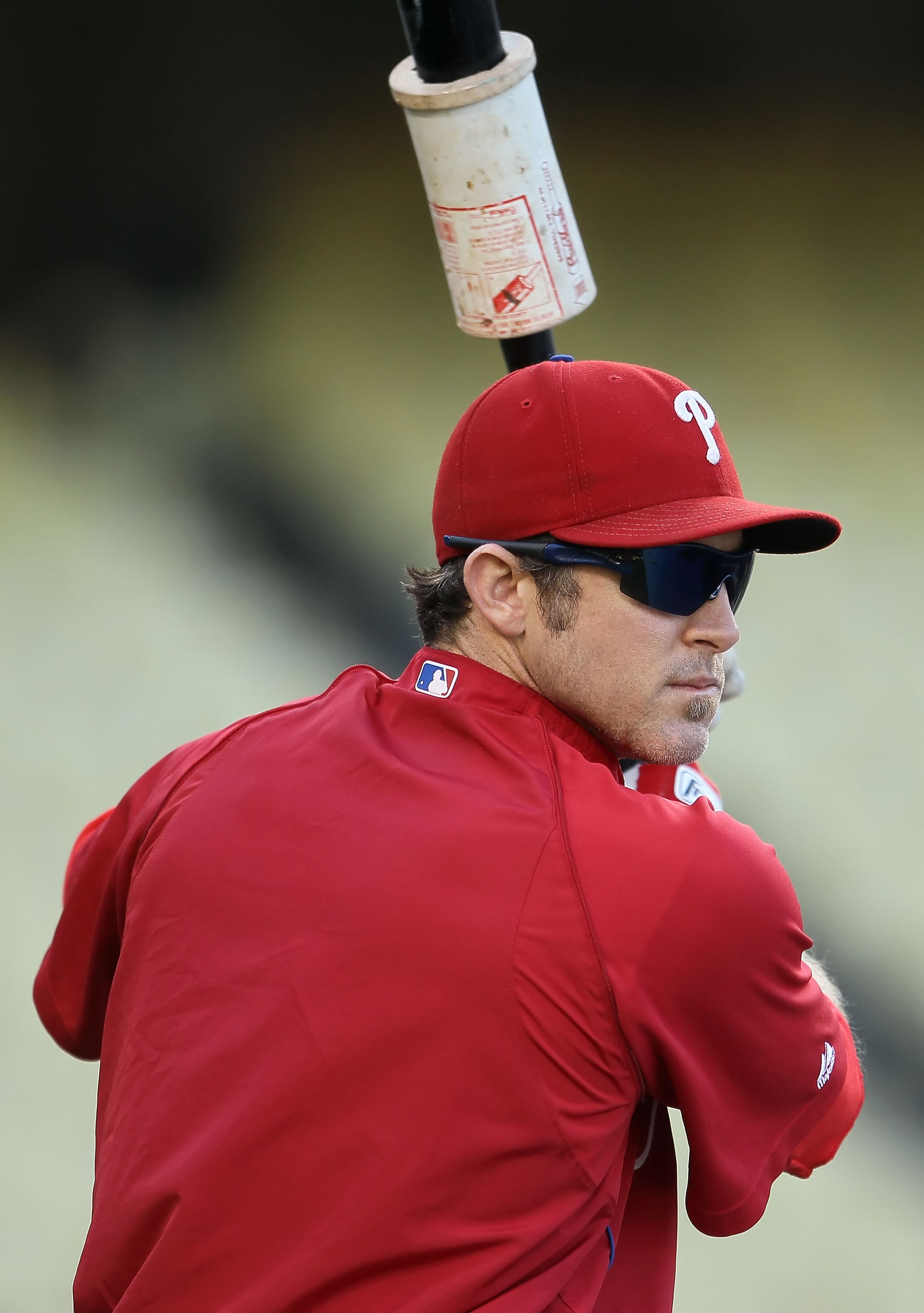 LOS ANGELES, CA - AUGUST 31:  Chase Utley #26 of the Philadelphia Phillies warms up prior to the start of the game against the Los Angeles Dodgers at Dodger Stadium on August 31, 2010 in Los Angeles, California. The Phillies defeated the Dodgers 8-4.  (Ph