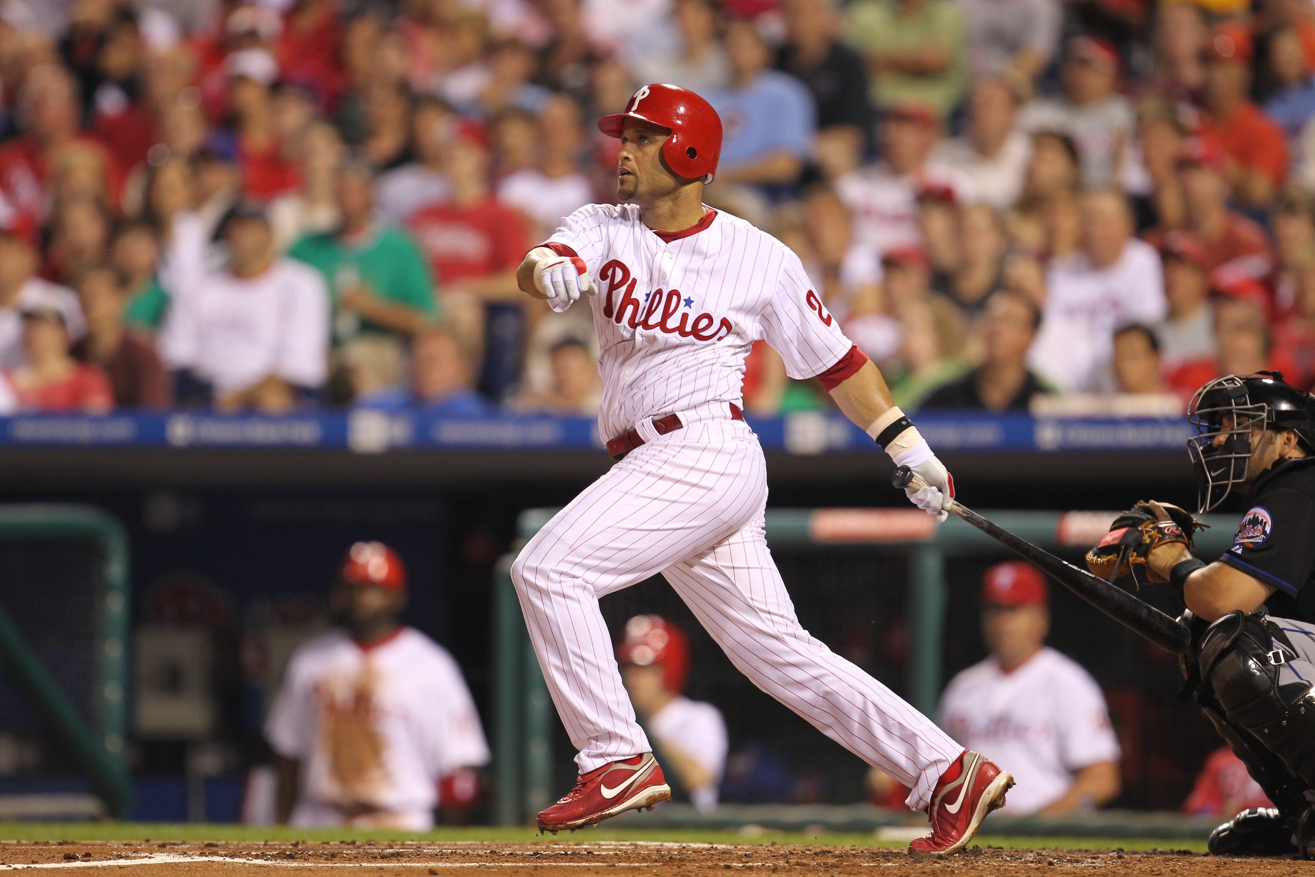 PHILADELPHIA - MAY 2: Third baseman Placido Polanco #27 of the Philadelphia Phillies swings at a pitch during a game against the New York Mets at Citizens Bank Park on May 2, 2010 in Philadelphia, Pennsylvania. The Phillies won 11-5. (Photo by Hunter Mart