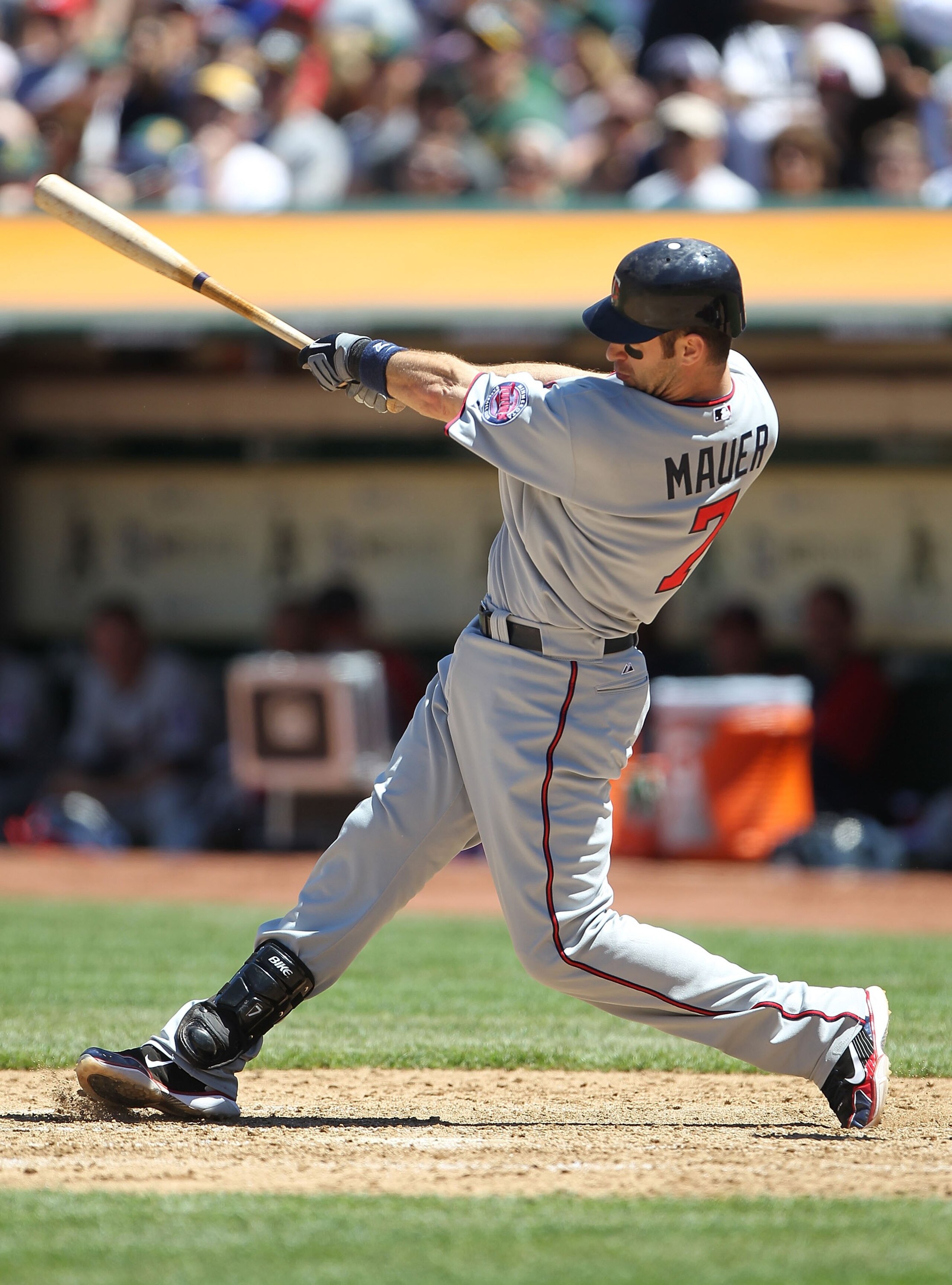 OAKLAND, CA - JUNE 06:  Joe Mauer #7 of the Minnesota Twins bats against the Oakland Athletics during an MLB game at the Oakland-Alameda County Coliseum on June 6, 2010 in Oakland, California.  (Photo by Jed Jacobsohn/Getty Images)