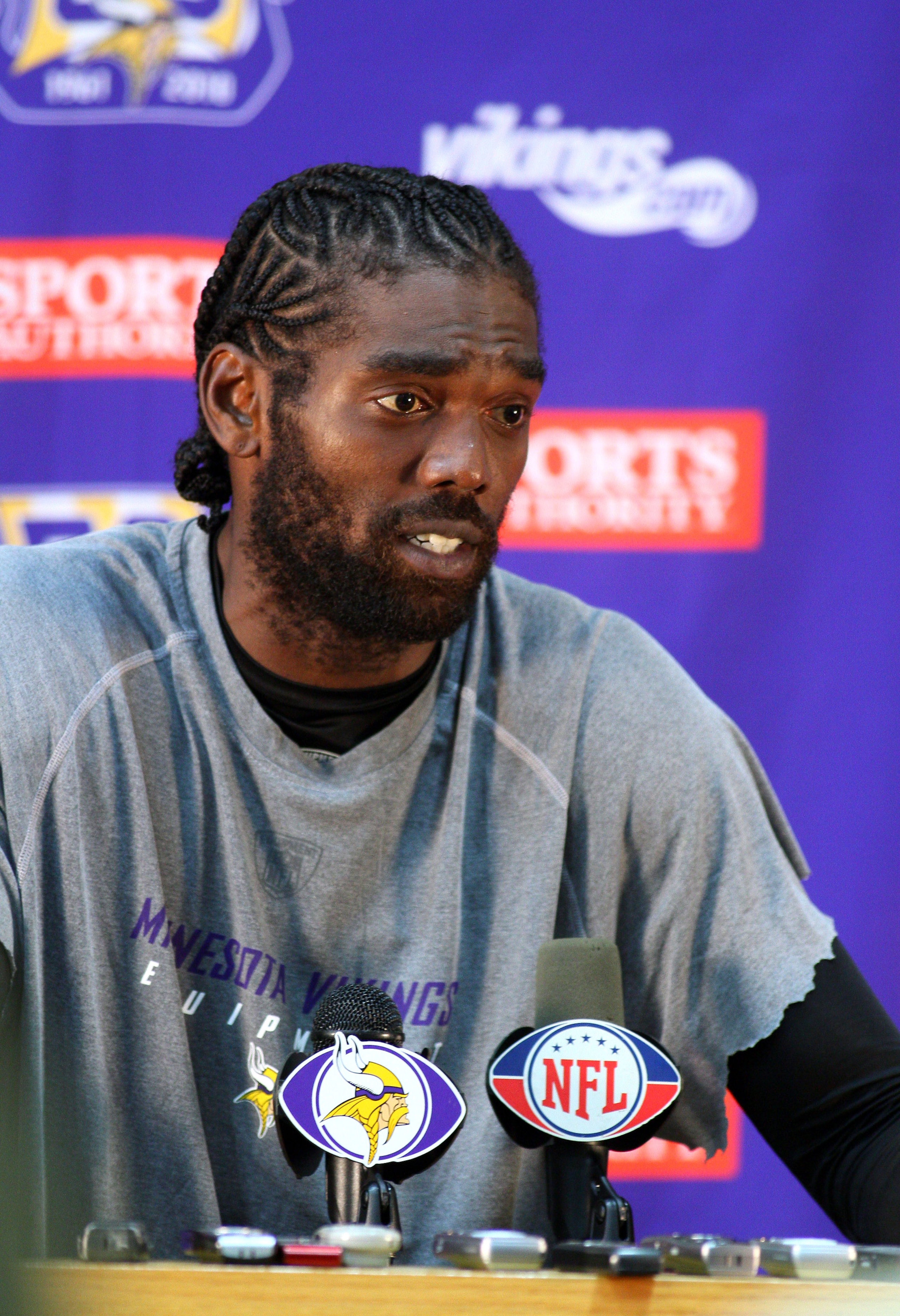 EDEN PRAIRIE, MN - OCTOBER 7:  Minnesota Vikings wide receiver Randy Moss answers questions from the media during a press conference at Winter Park on October 7, 2010 in Eden Prairie, Minnesota.  (Photo by Adam Bettcher/Getty Images)
