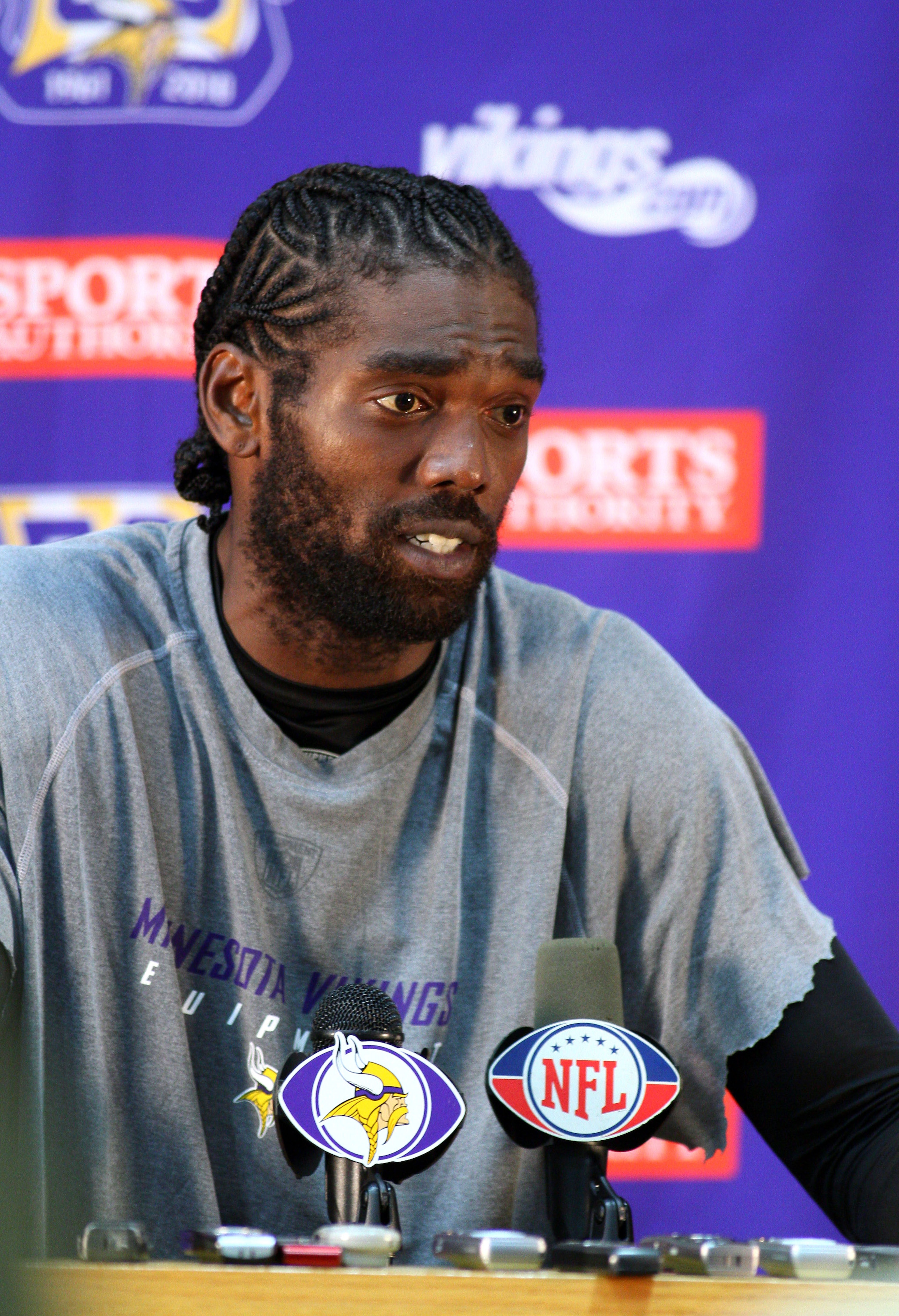 EDEN PRAIRIE, MN - OCTOBER 7:  Minnesota Vikings wide receiver Randy Moss answers questions from the media during a press conference at Winter Park on October 7, 2010 in Eden Prairie, Minnesota.  (Photo by Adam Bettcher/Getty Images)