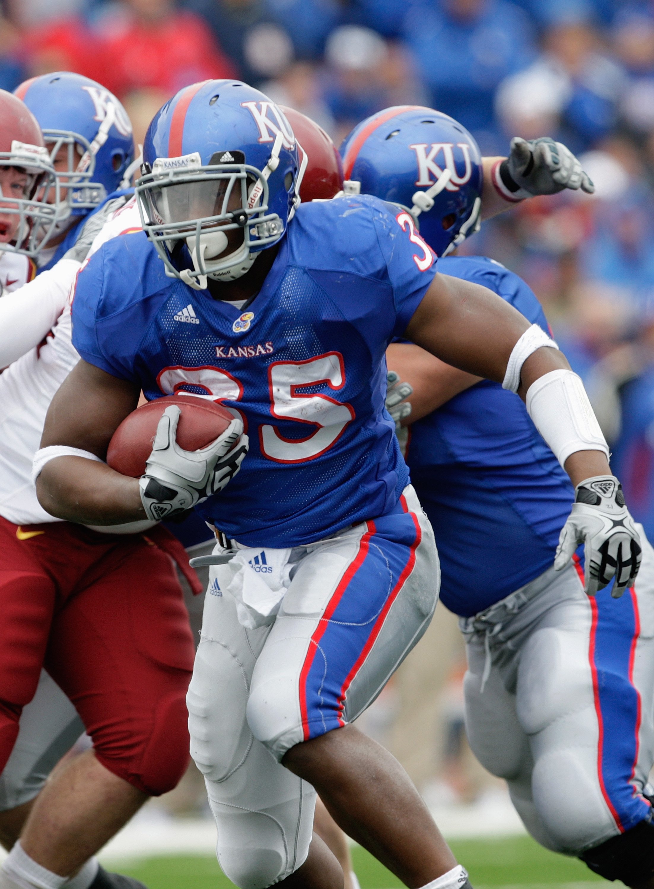 LAWRENCE, KS - OCTOBER 10: Toben Opurum #35 of the Kansas Jayhawks runs with the ball during the game against the Iowa State Cyclones on October 10, 2009 at Memorial Stadium in Lawrence, Kansas. (Photo by Jamie Squire/Getty Images)