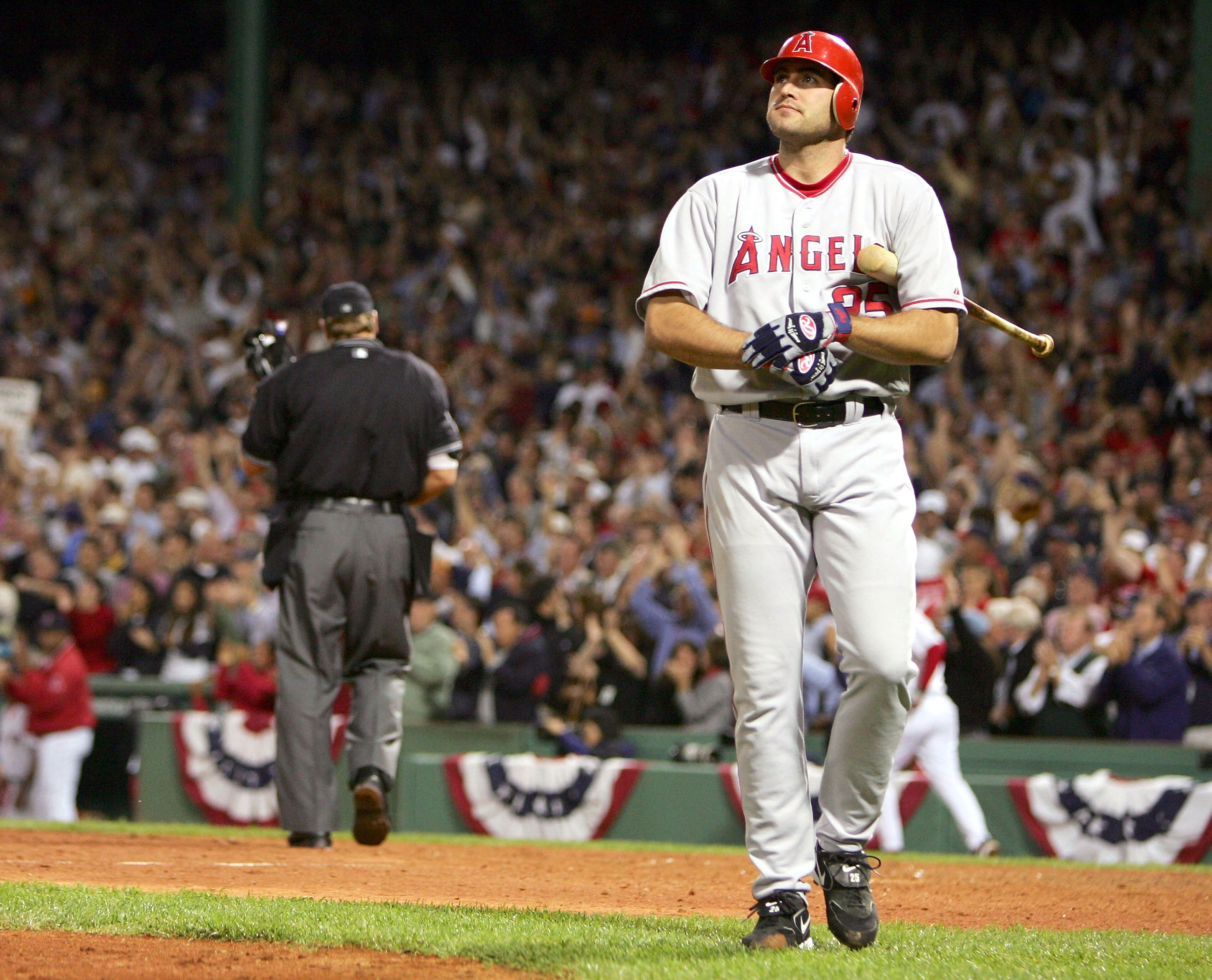 BOSTON - OCTOBER 8: Troy Glaus #25 of the Anaheim Angels strikes out in the 9th inning against the Boston Red Sox during Game 3 of the American League Division Series October 8, 2004 at Fenway Park in Boston, Massachusetts. (Photo by Ezra Shaw/Getty Ima