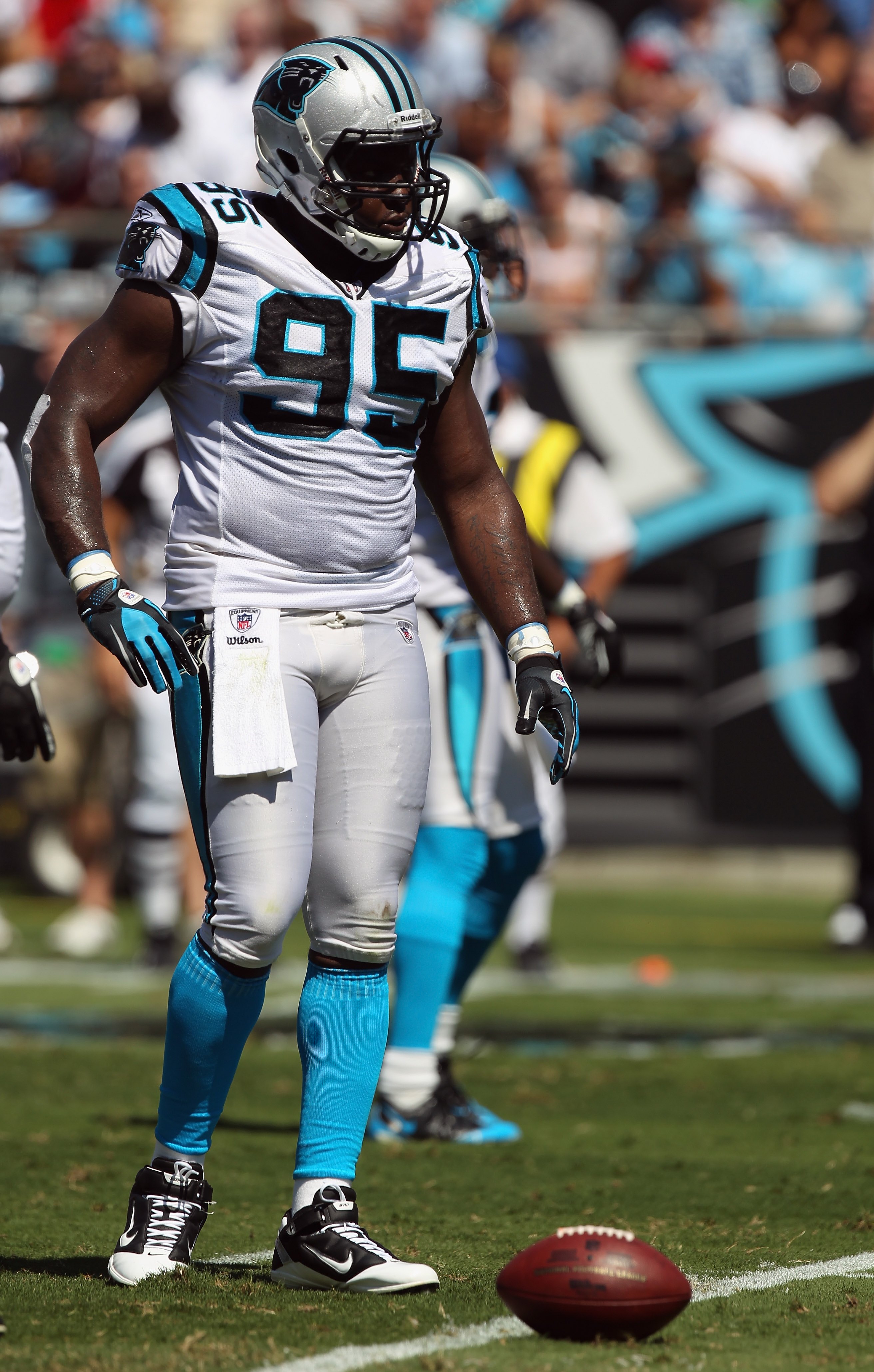 Carolina Panthers defensive end Charles Johnson (95) freacts to a