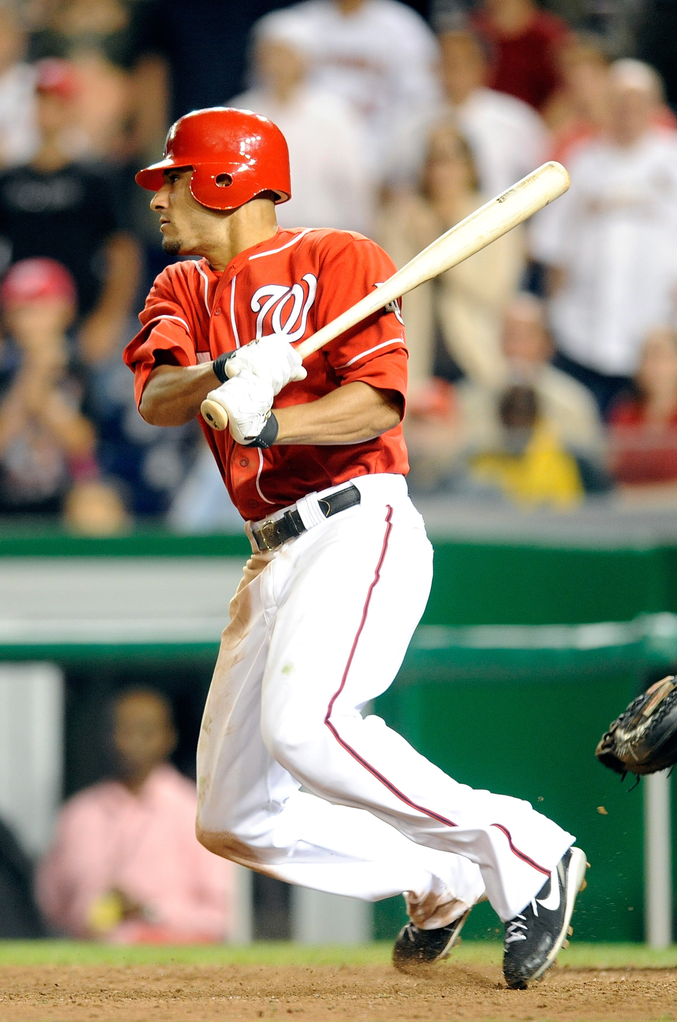 WASHINGTON - AUGUST 26:  Ian Desmond #6 of the Washington Nationals singles in the game winning run in the thirteenth inning against the St. Louis Cardinals at Nationals Park on August 26, 2010 in Washington, DC.  The Nationals won the game 11-10.  (Photo