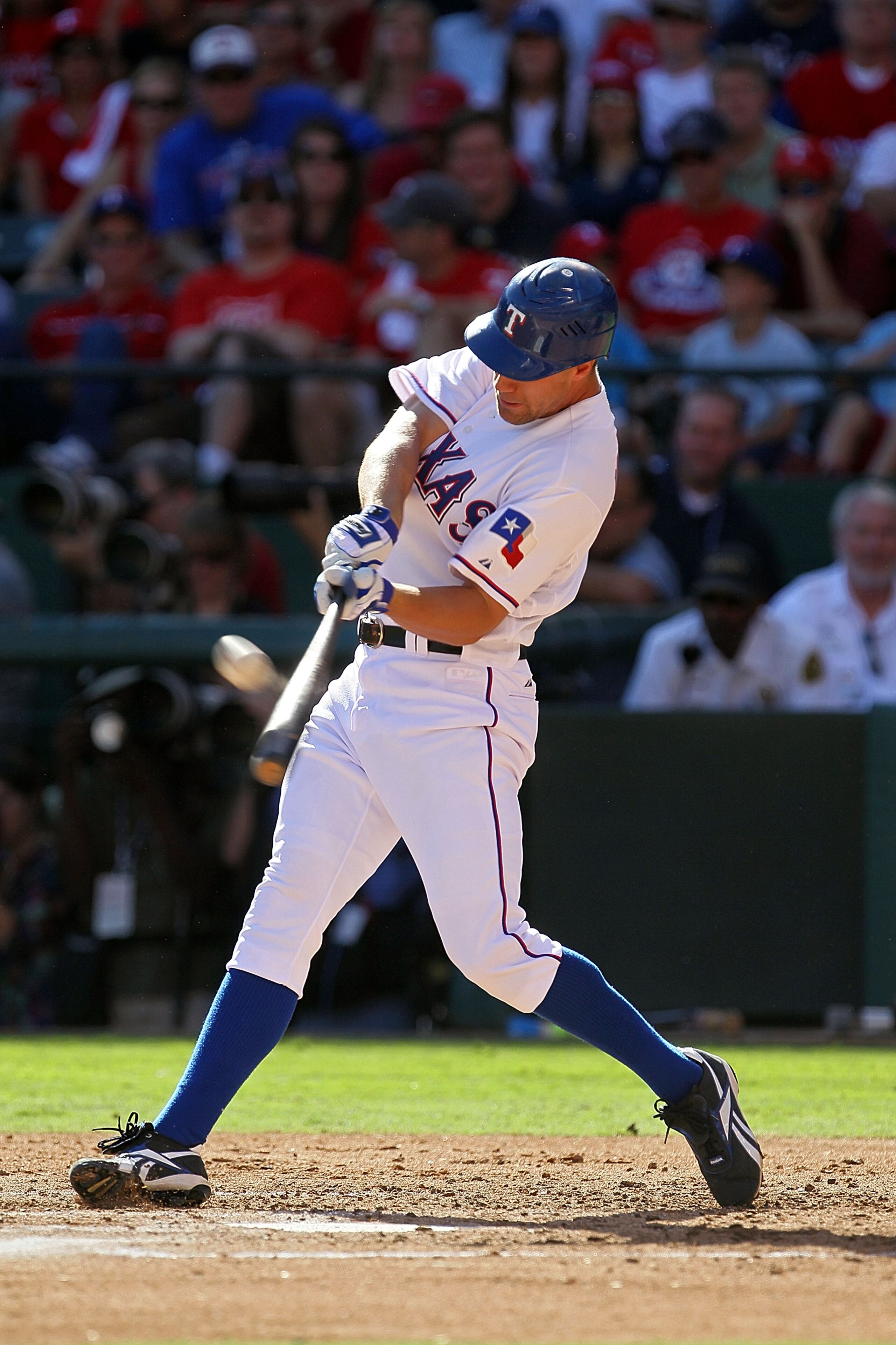 ARLINGTON, TX - OCTOBER 16:  David Murphy #7 of the Texas Rangers hits a solo home run in the bottom of the second inning against the New York Yankees in Game Two of the ALCS during the 2010 MLB Playoffs at Rangers Ballpark in Arlington on October 16, 201
