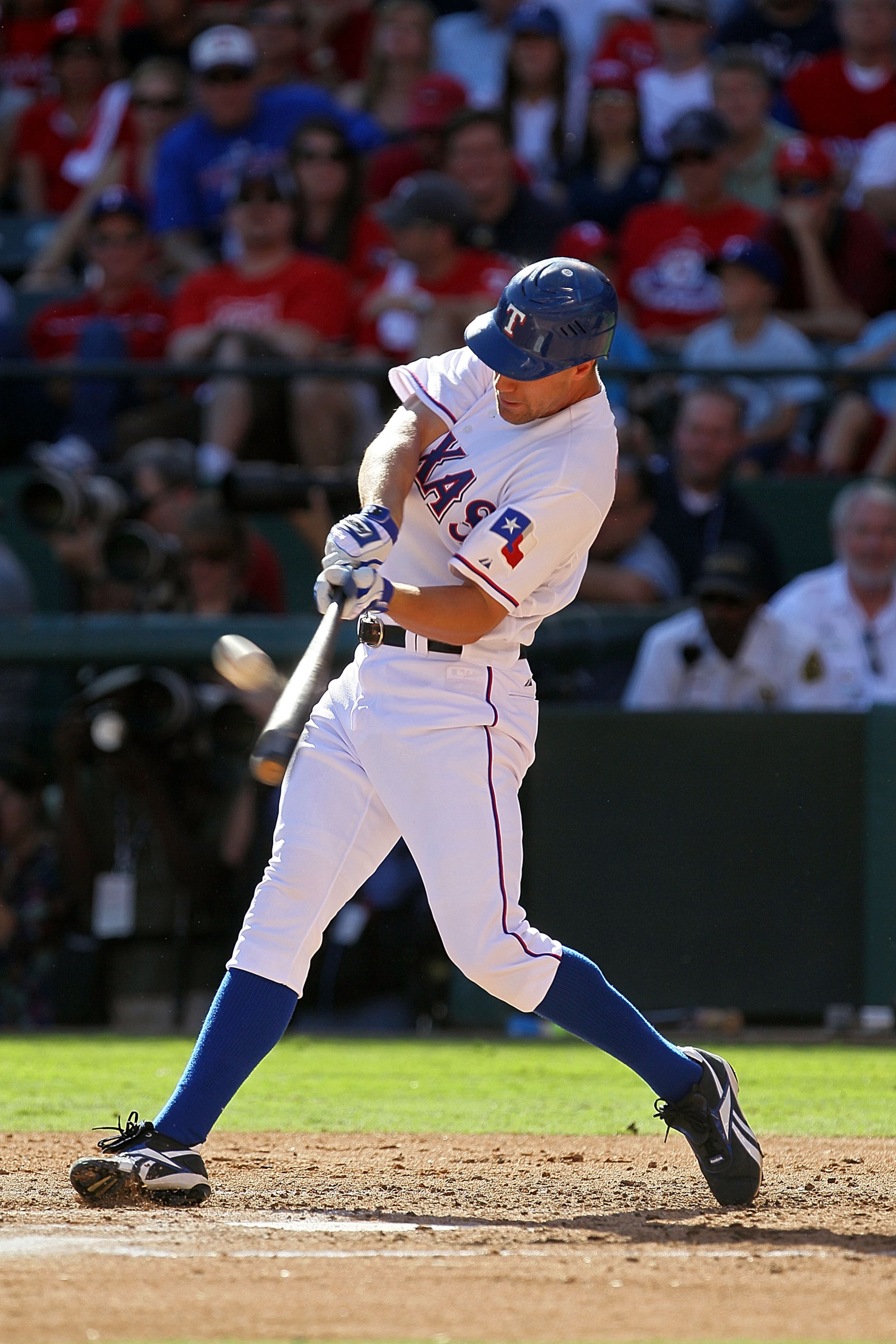 ARLINGTON, TX - OCTOBER 16:  David Murphy #7 of the Texas Rangers hits a solo home run in the bottom of the second inning against the New York Yankees in Game Two of the ALCS during the 2010 MLB Playoffs at Rangers Ballpark in Arlington on October 16, 201