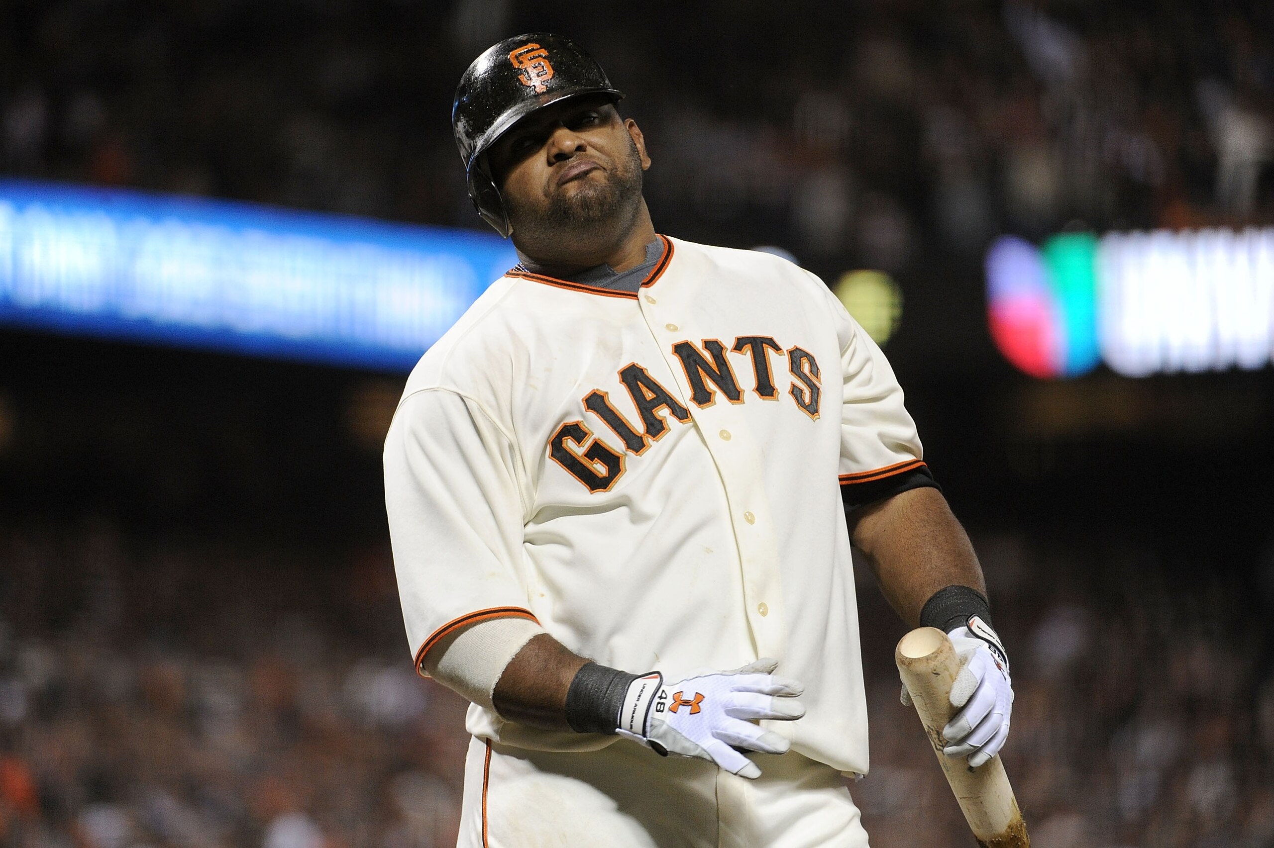 SAN FRANCISCO - OCTOBER 20: Pablo Sandoval #48 of the San Francisco Giants reacts during an at-bat against the Philadelphia Phillies in Game Four of the NLCS during the 2010 MLB Playoffs at AT&T Park on October 20, 2010 in San Francisco, California. (Ph SAN FRANCISCO - OCTOBER 20: Pablo Sandoval #48 of the San Francisco Giants reacts during an at-bat against the Philadelphia Phillies in Game Four of the NLCS during the 2010 MLB Playoffs at AT&T Park on October 20, 2010 in San Francisco, California. (Ph
