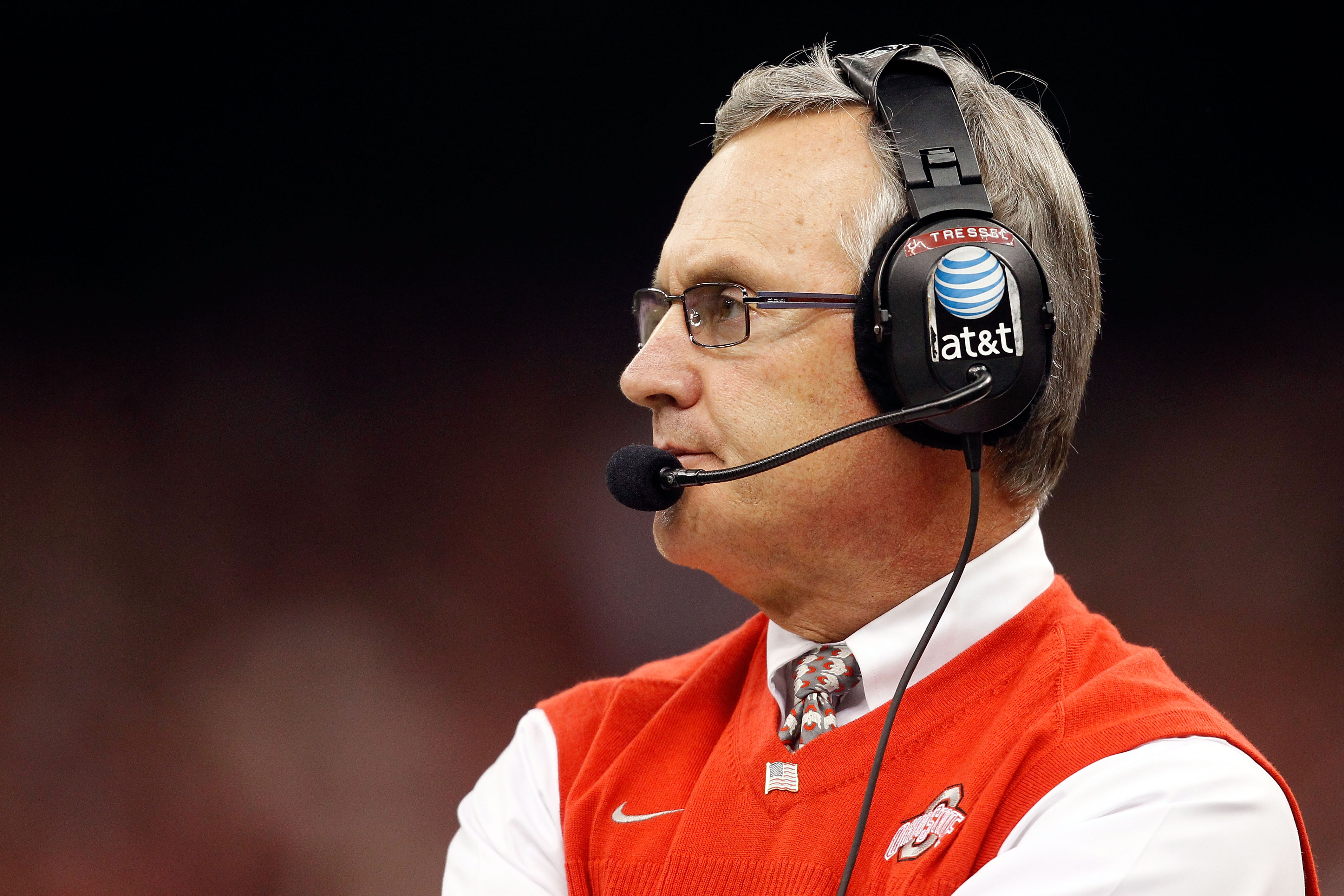 NEW ORLEANS, LA - JANUARY 04:  Head coach Jim Tressel of the Ohio State Buckeyes looks on against the Arkansas Razorbacks during the Allstate Sugar Bowl at the Louisiana Superdome on January 4, 2011 in New Orleans, Louisiana.  (Photo by Matthew Stockman/G