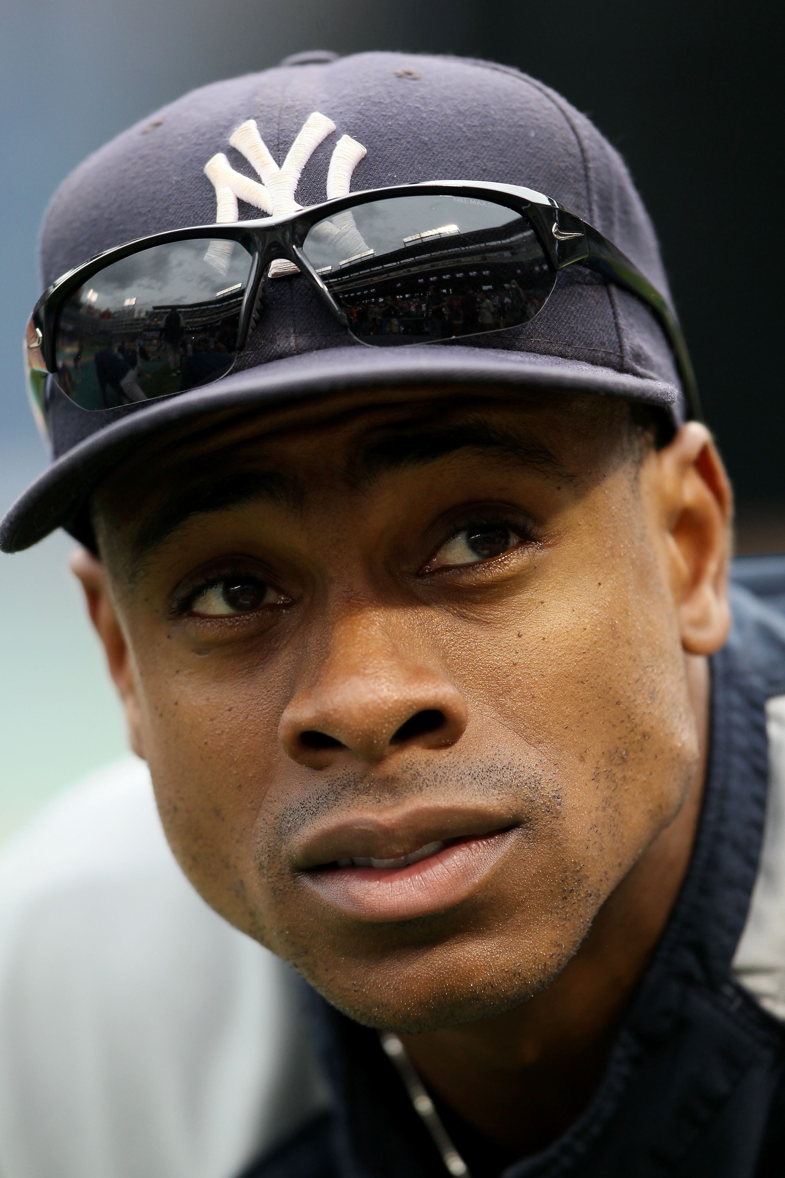 ARLINGTON, TX - OCTOBER 22:  Curtis Granderson #14 of the New York Yankees looks on during batting practice prior to playing the Texas Rangers in Game Six of the ALCS during the 2010 MLB Playoffs at Rangers Ballpark in Arlington on October 22, 2010 in Arl
