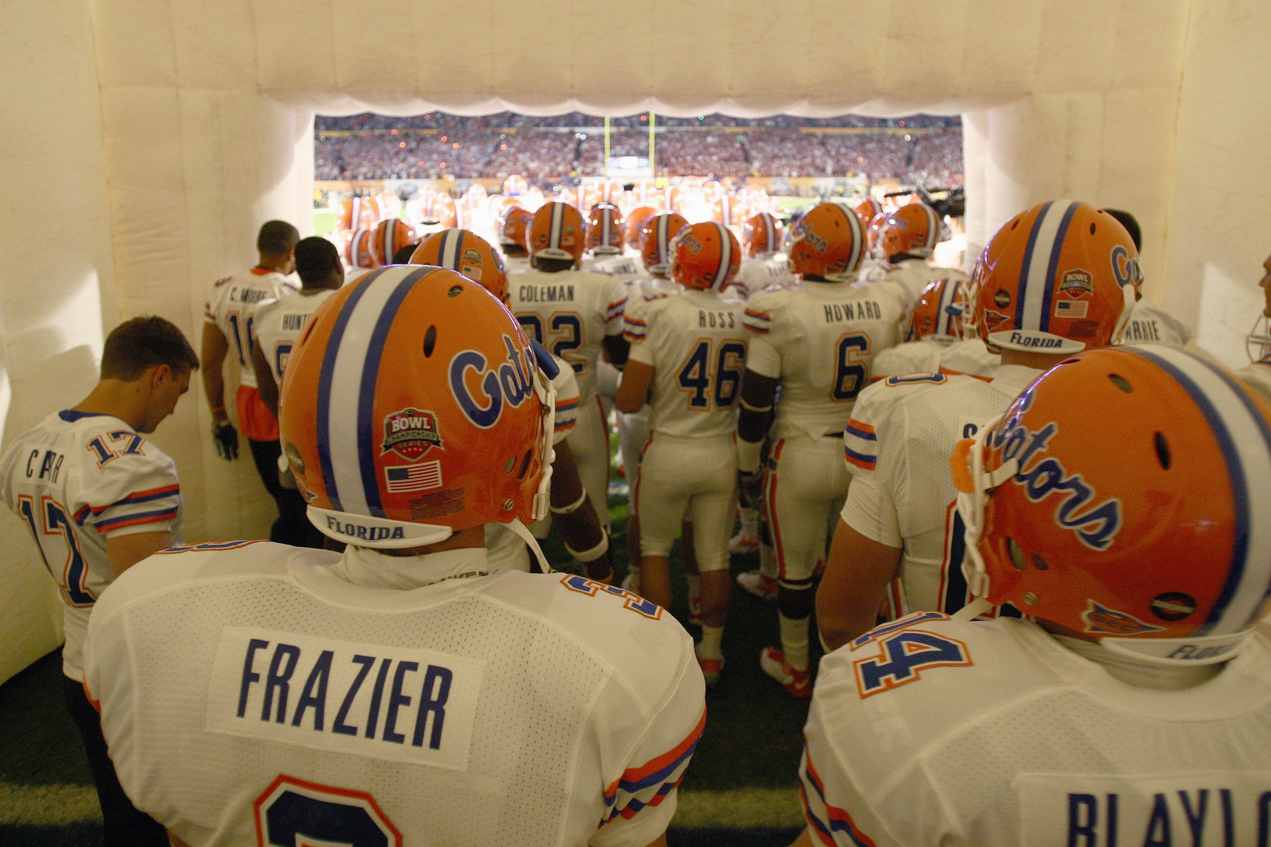 MIAMI - JANUARY 08:  Brandon Frazier #3 and Andrew Blaylock #14of the Florida Gators get ready to enter the field before the FedEx BCS National Championship Game against the Oklahoma Sooners at Dolphin Stadium on January 8, 2009 in Miami, Florida.  (Photo