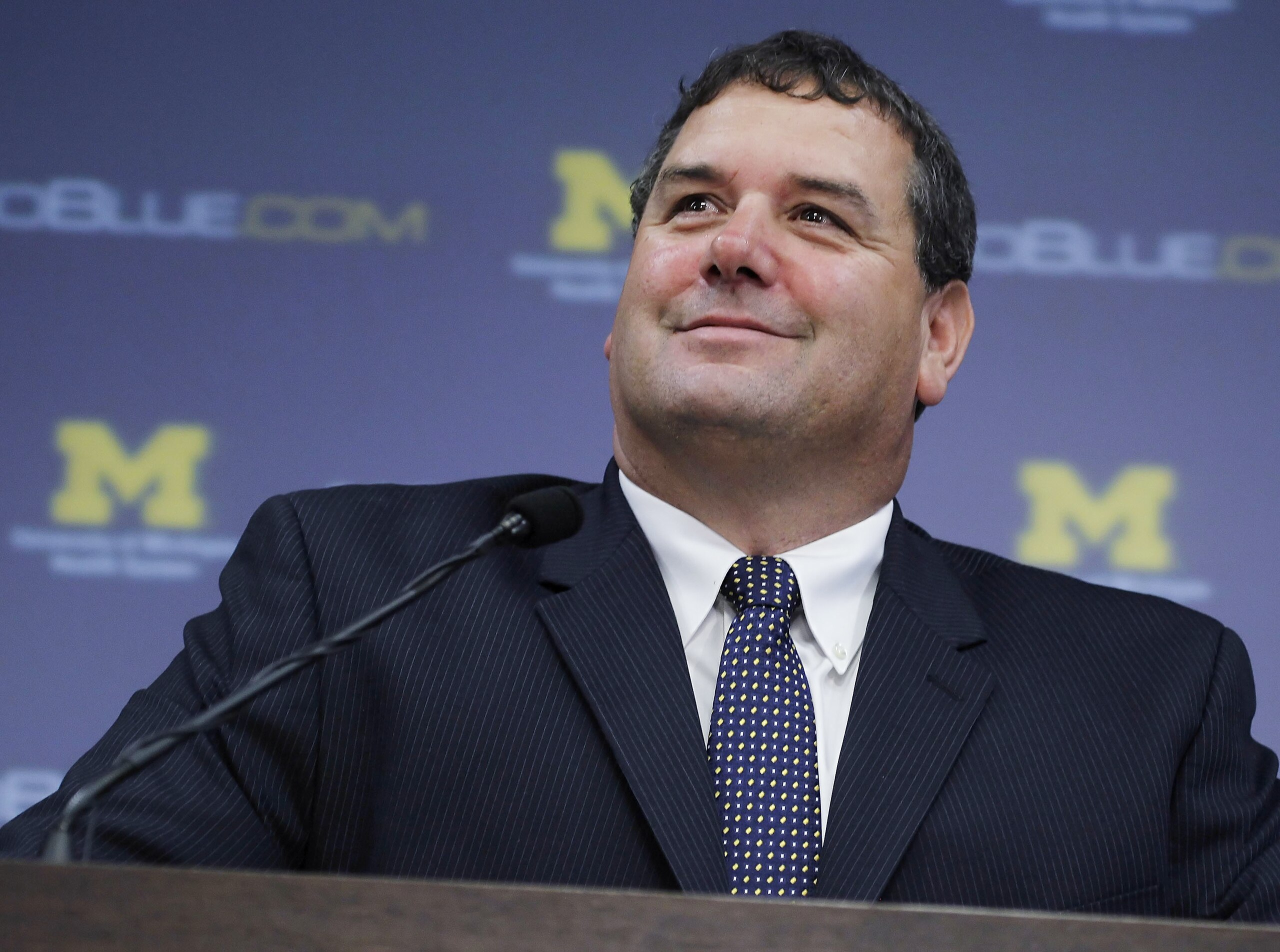ANN ARBOR, MI - JANUARY 12:  New University of Michigan head football coach Brady Hoke talks during his introductory press confrence at the Junge Family Champions Center on January 12, 2011 in Ann Arbor, Michigan.  (Photo by Gregory Shamus/Getty Images)