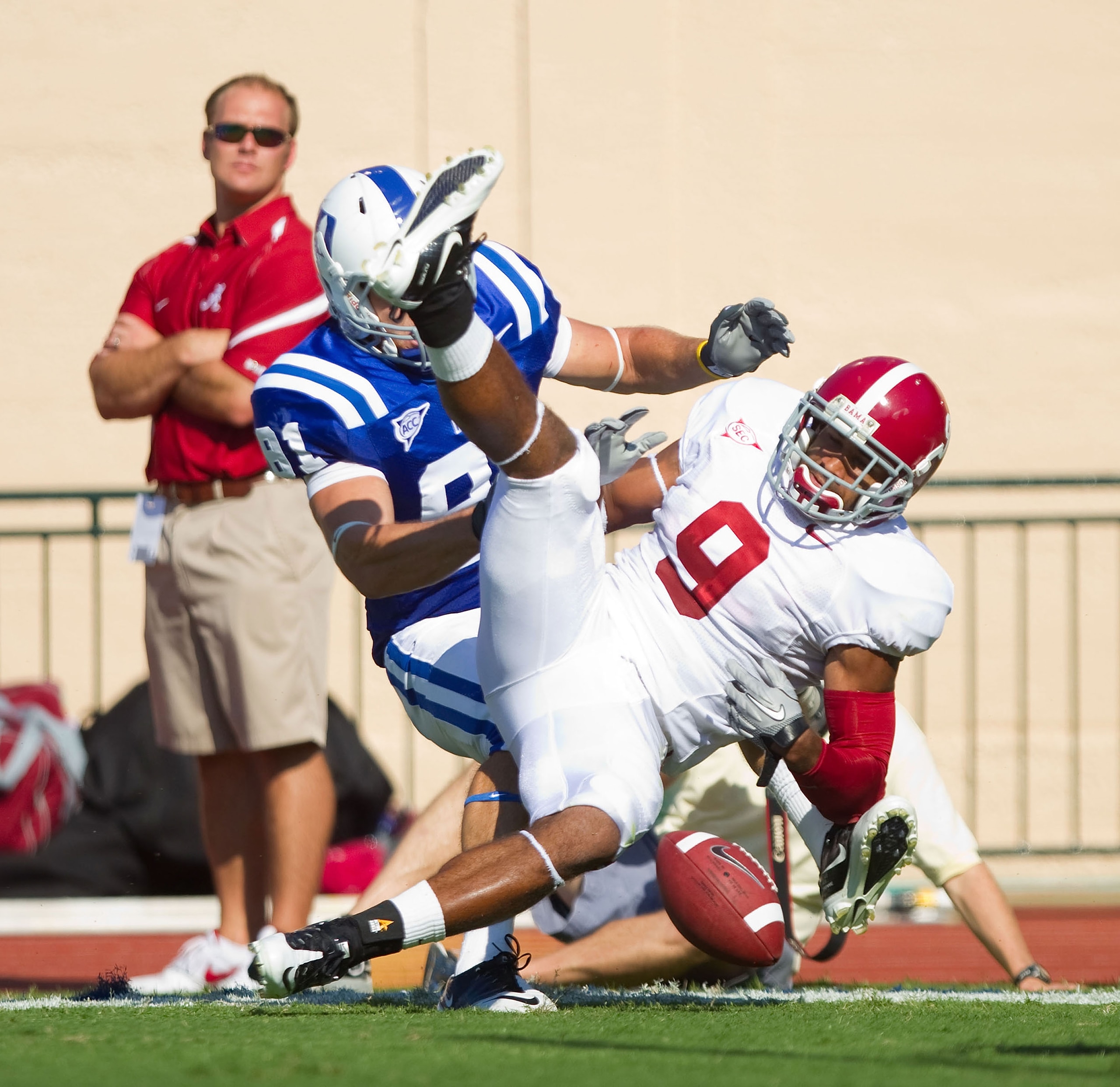 DURHAM, NC - SEPTEMBER 18: Phelon Jones #9 of the Alabama Crimson Tide breaks up a pass intended for Cooper Helfet #81 of the Duke Blue Devils at Wallace Wade Stadium on September 18, 2010 in Durham, North Carolina.  The Crimson Tide defeated the Blue Dev