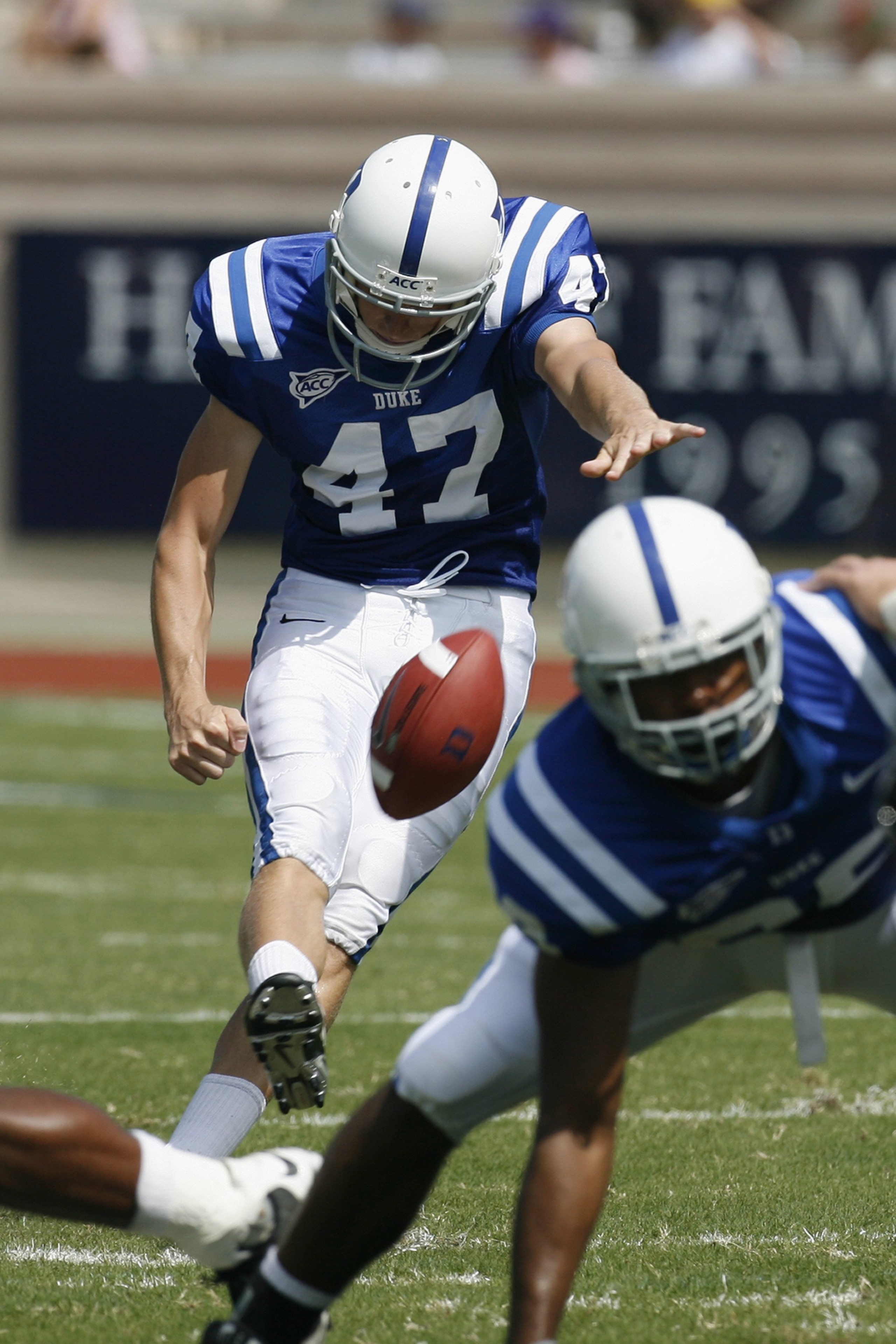 DURHAM, NC - SEPTEMBER 13:  Nick Maggio #47 of the Duke Blue Devils kicks against the Navy Midshipmen during the game at Wallace Wade Stadium on September 13, 2008 in Durham, North Carolina.  (Photo by Kevin C. Cox/Getty Images)