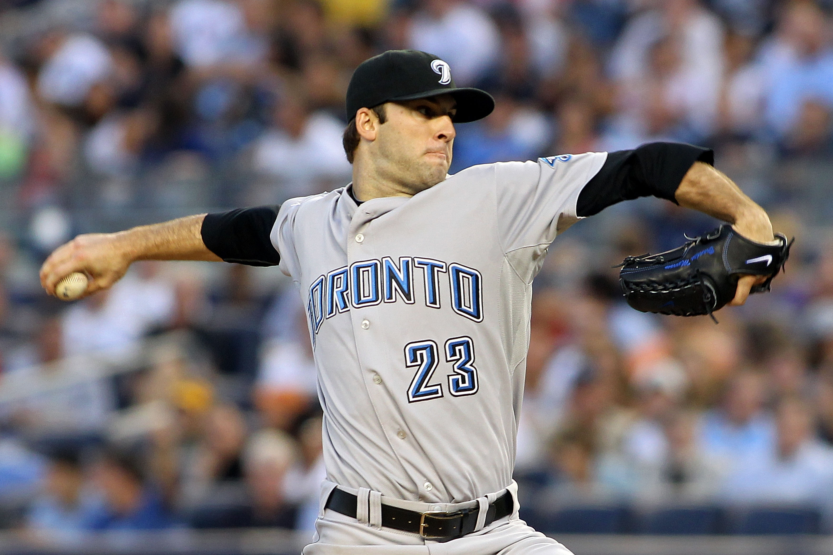 NEW YORK - AUGUST 02:  Brandon Morrow #23 of the Toronto Blue Jays pitches against the New York Yankees  on August 2, 2010 at Yankee Stadium in the Bronx borough of New York City.  (Photo by Michael Heiman/Getty Images)