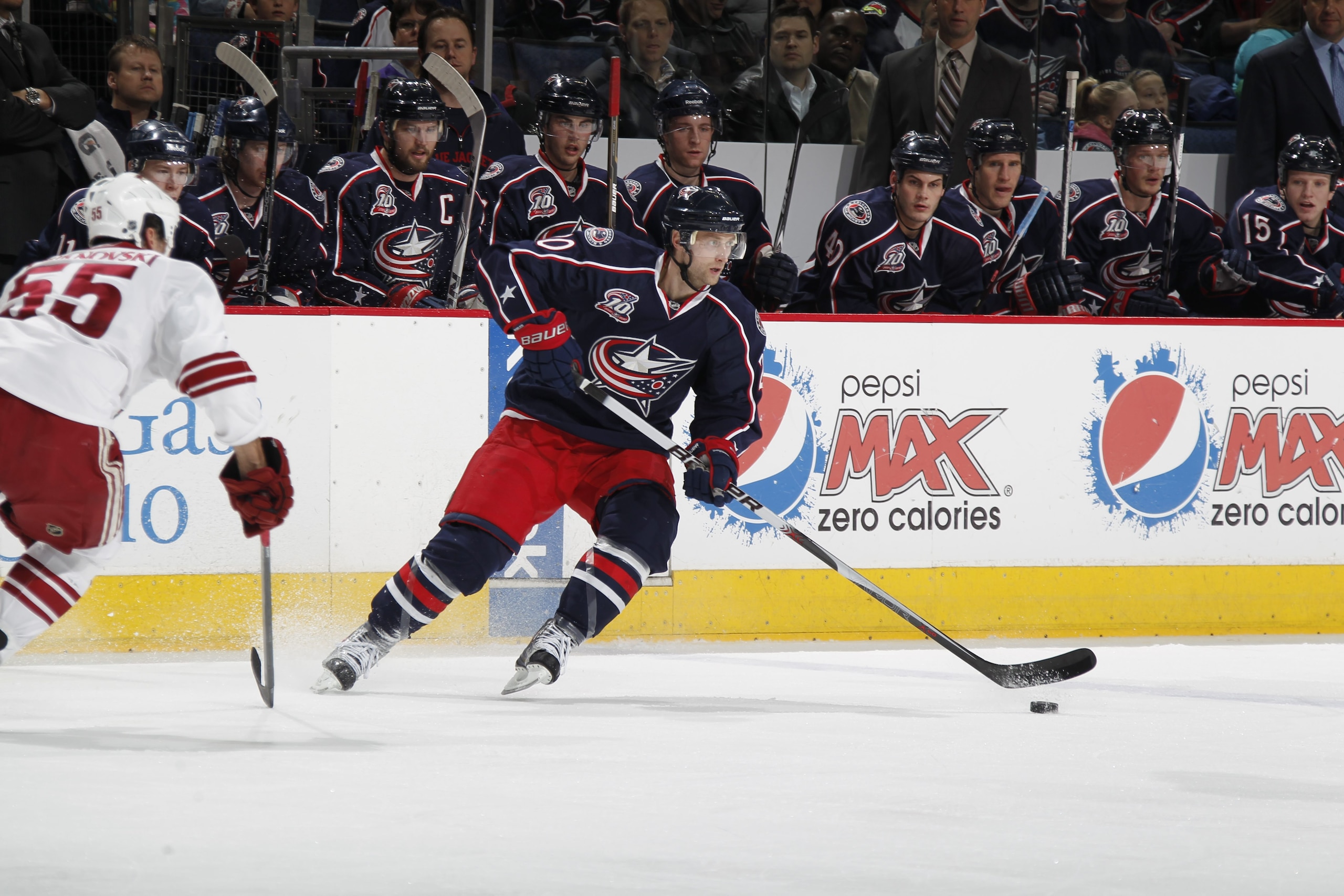 COLUMBUS, OH - JANUARY 11: Kristian Huselius #20 of the Columbus Blue Jackets skates against the Phoenix Coyotes during a game on January 11, 2011 at the Nationwide Arena in Columbus, Ohio. (Photo by Gregory Shamus/Getty Images)
