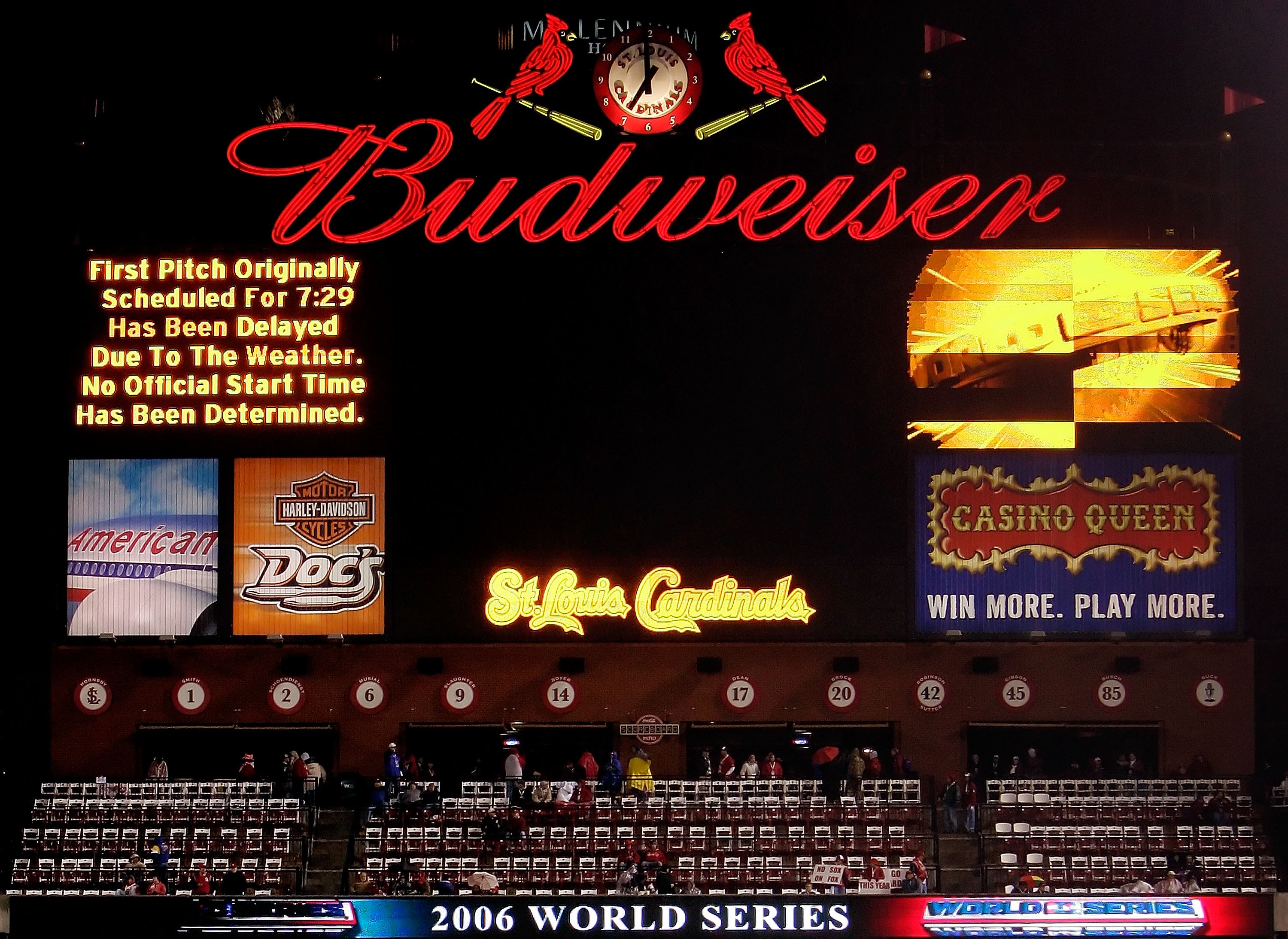 ST LOUIS - OCTOBER 25:  The Billboard announcing the delay of Game Four of the 2006 World Series between the Detroit Tigers and the St. Louis Cardinals is seen at Busch Stadium on October 25, 2006 in St. Louis, Missouri.  (Photo by Jed Jacobsohn/Getty Ima