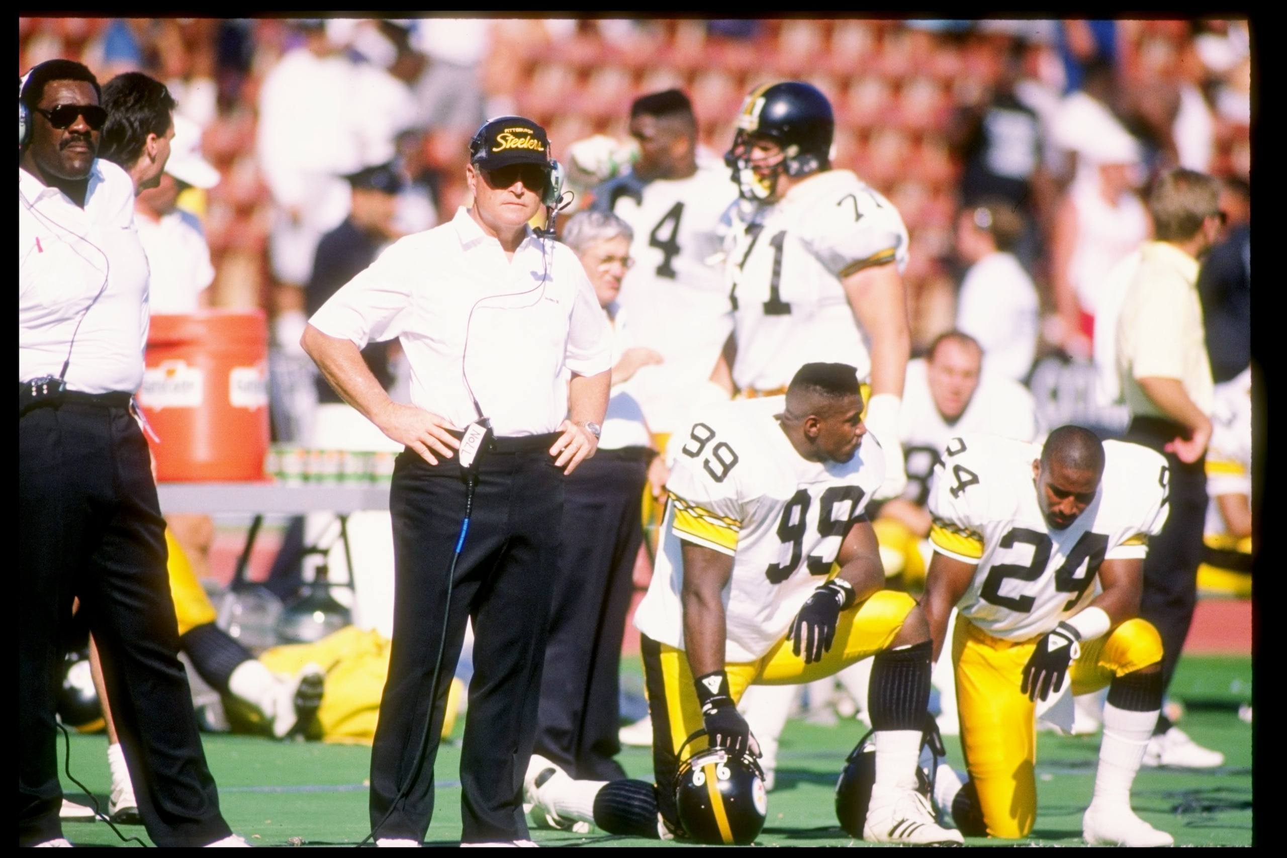 23 Sep 1990: Head coach Chuck Noll of the Pittsburgh Steelers looks on from the sidelines during a game against the Los Angeles Raiders. The Raiders won the game 20-3.