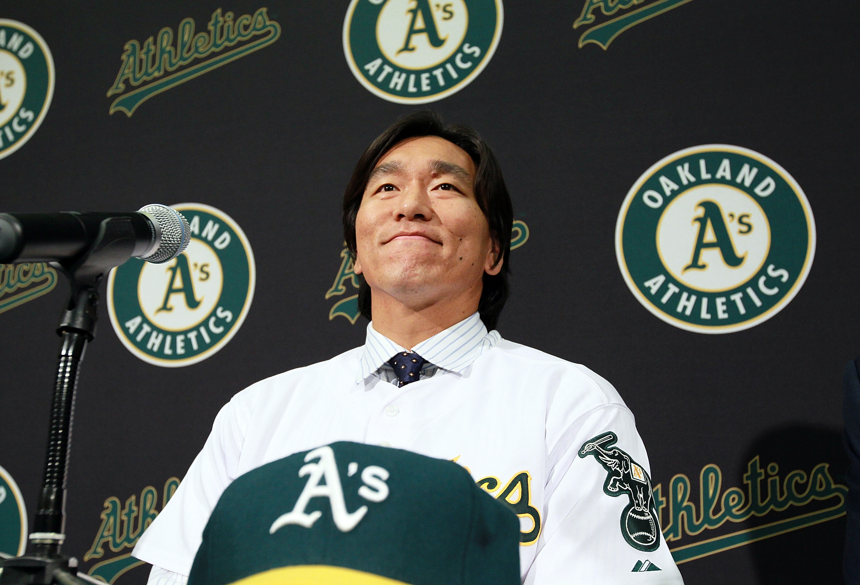 OAKLAND, CA - DECEMBER 14:  Hideki Matsui looks on during a press conference where he was introduced as the newest member of the Oakland Athletics at Oakland-Alameda County Coliseum on December 14, 2010 in Oakland, California.  The Oakland Athletics signe