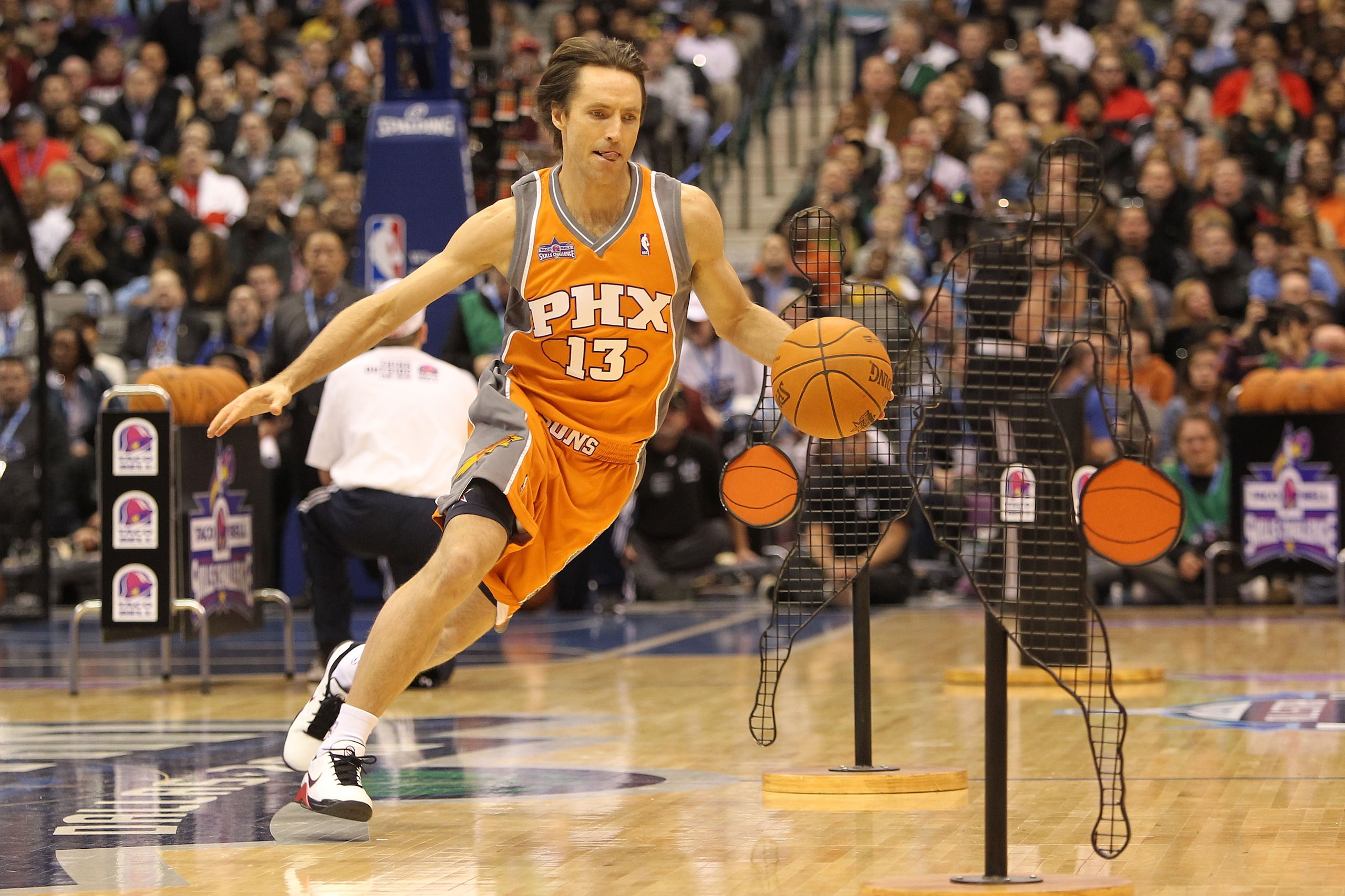 DALLAS - FEBRUARY 13:  Steve Nash #13 of the Phoenix Suns takes part in the Taco Bell Skills Challenge on All-Star Saturday Night, part of 2010 NBA All-Star Weekend at American Airlines Center on February 13, 2010 in Dallas, Texas. NOTE TO USER: User expr