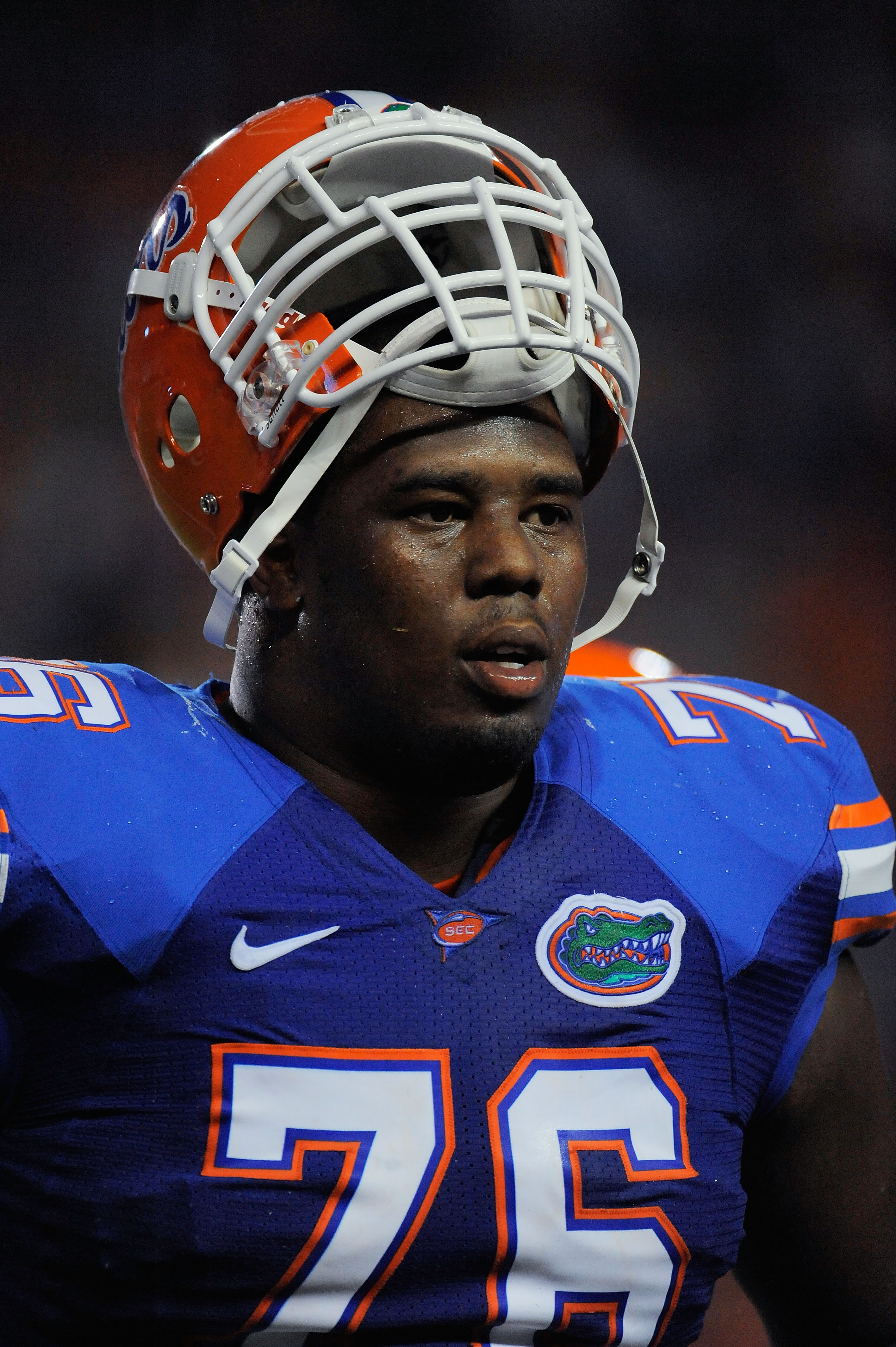 GAINESVILLE, FL - SEPTEMBER 25: Offensive lineman Marcus Gilbert #76 of the Florida Gators takes a breather during a stoppage in play against the Kentucky Wildcats at Ben Hill Griffin Stadium on September 25, 2010 in Gainesville, Florida. Florida defeate