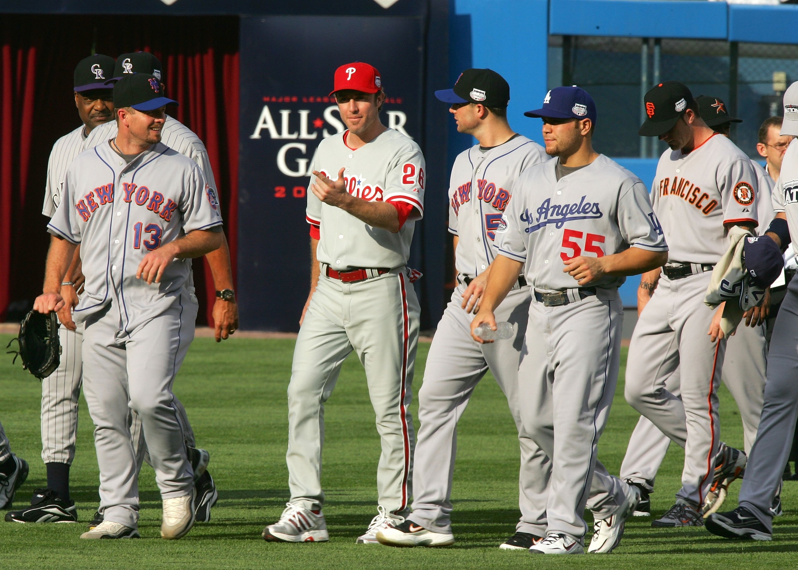NEW YORK - JULY 15:  (L-R) National League All-Stars Coach Don Baylor of the Colorado Rockies, Billy Wagner #13 of the New York Mets, Chase Utley #26 of the Philadelphia Phillies, David Wright #5 of the New York Mets, Russell Martin #55 of the Los Angeles
