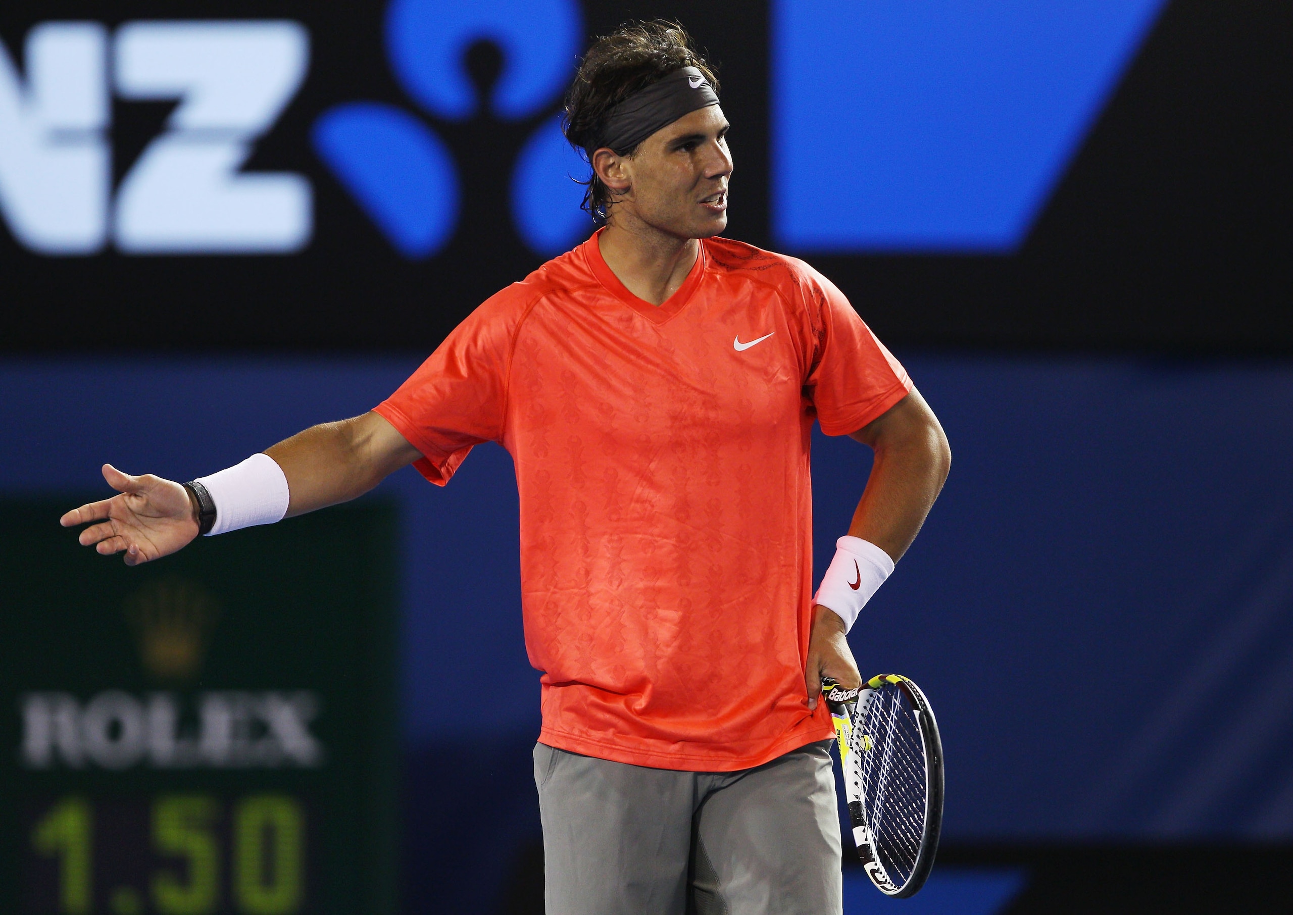 MELBOURNE, AUSTRALIA - JANUARY 24:  Rafael Nadal of Spain reacts in his fourth round match against Marin Cilic of Croatia during day eight of the 2011 Australian Open at Melbourne Park on January 24, 2011 in Melbourne, Australia.  (Photo by Mark Dadswell/