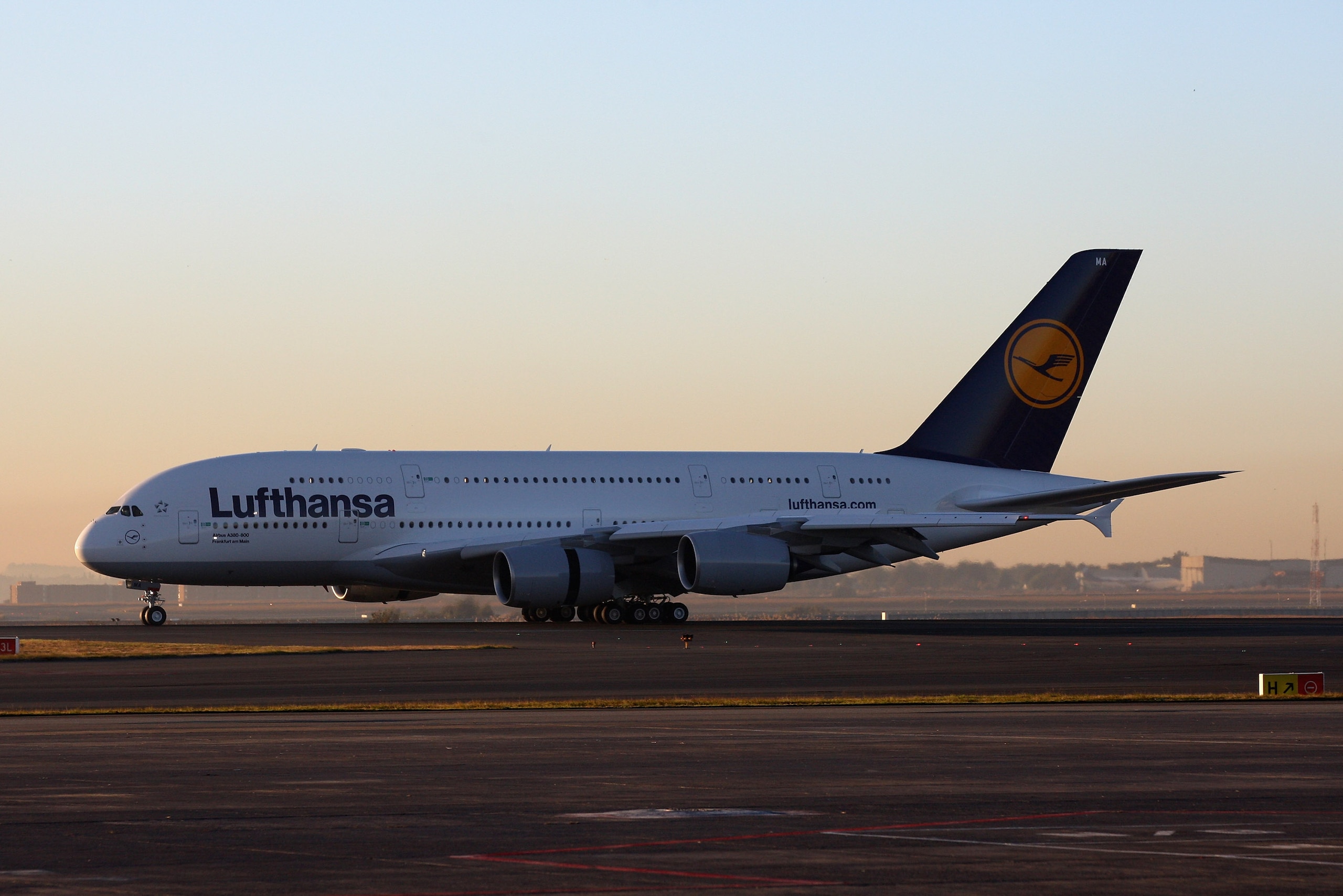 JOHANNESBURG, SOUTH AFRICA - JUNE 07: The new Airbus 380 lands to bring the German team to the Johannesburg's O.R. Tambo International Airport for the 2010 FIFA World Cup on June 7, 2010 in Johannesburg, South Africa. (Photo by Christof Koepsel/Getty Imag