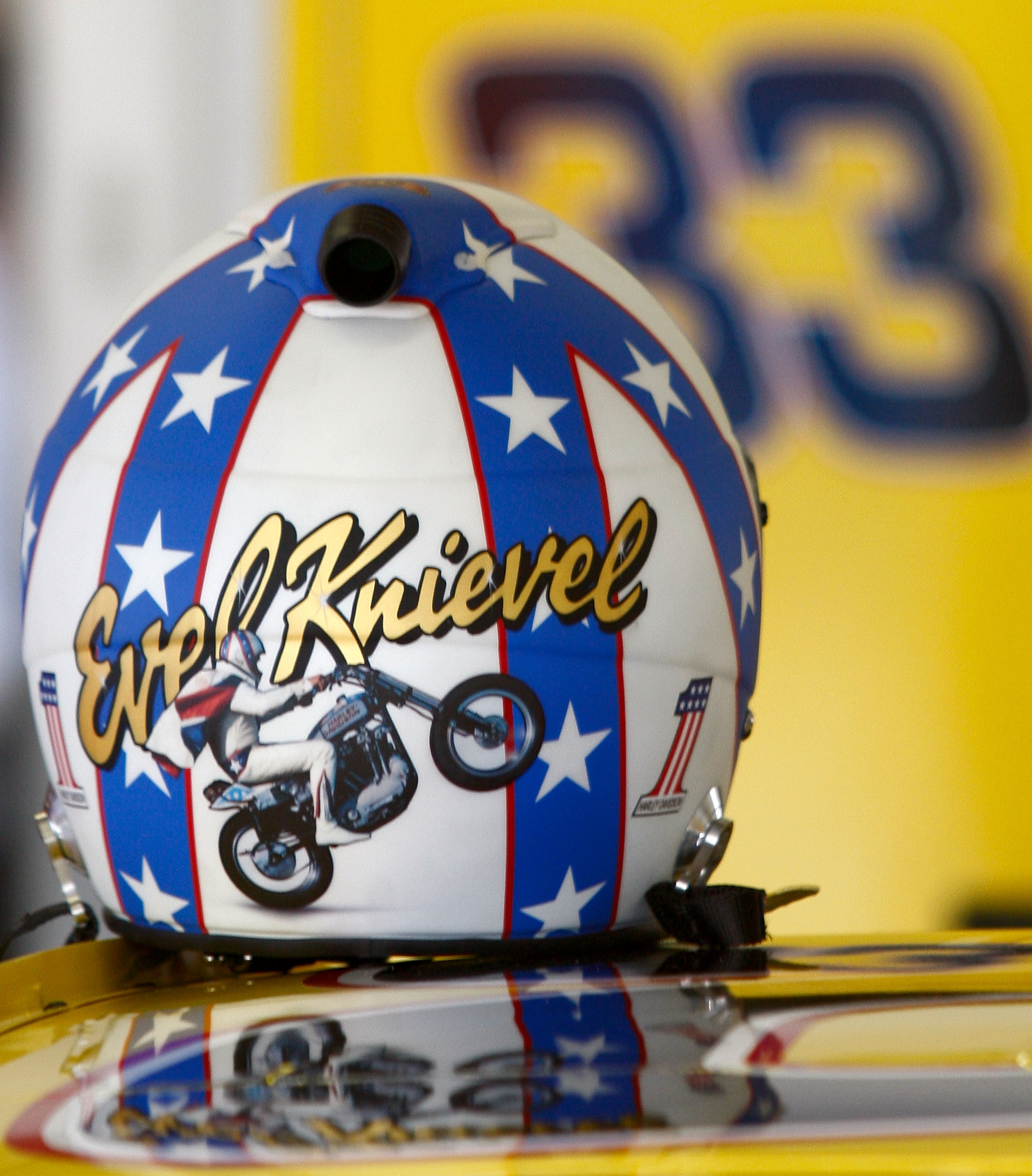 DAYTONA BEACH, FL - JULY 02: The Evel Knievel themed helmet of Clint Bowyer (not pictured), driver of the #33 Cheerios/Hamburger Helper Chevrolet, sits atop the car prior to practice for the NASCAR Sprint Cup Series Coke Zero 400 at Daytona International DAYTONA BEACH, FL - JULY 02: The Evel Knievel themed helmet of Clint Bowyer (not pictured), driver of the #33 Cheerios/Hamburger Helper Chevrolet, sits atop the car prior to practice for the NASCAR Sprint Cup Series Coke Zero 400 at Daytona International