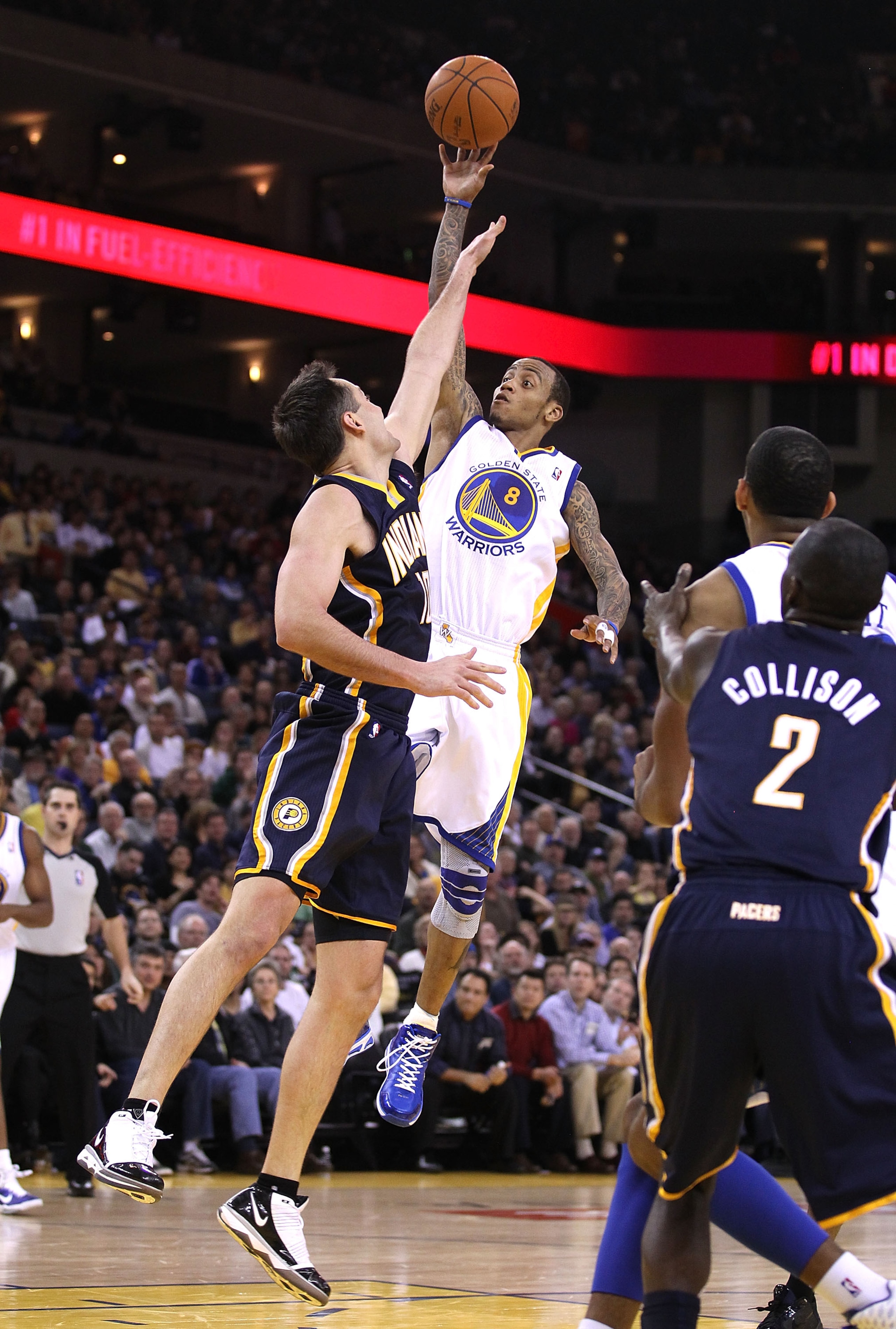 OAKLAND, CA - JANUARY 19:  Monta Ellis #8 of the Golden State Warriors in action against the Indiana Pacers at Oracle Arena on January 19, 2011 in Oakland, California.  NOTE TO USER: User expressly acknowledges and agrees that, by downloading and or using