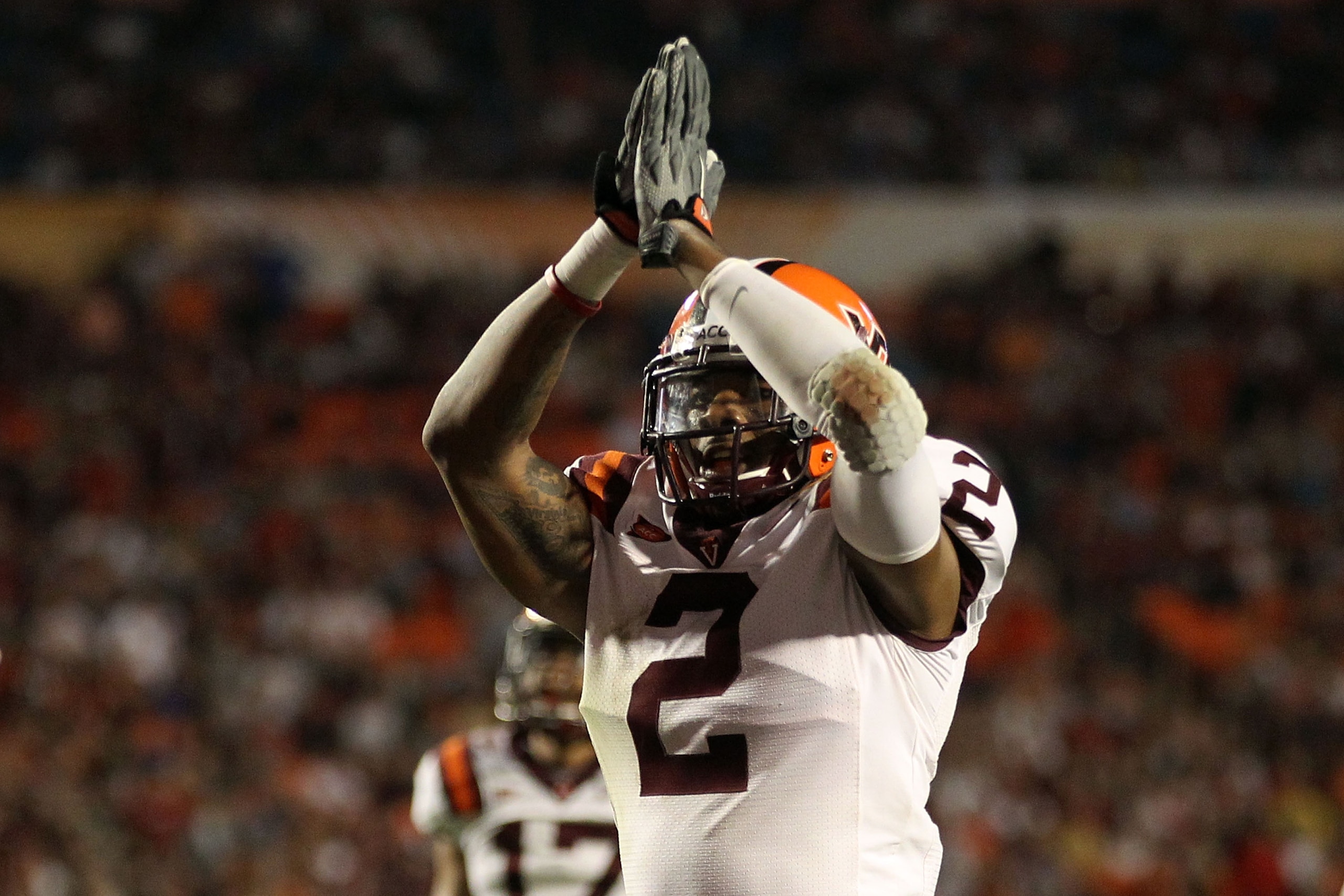 MIAMI, FL - JANUARY 03: Davon Morgan #2 of the Virginai Tech Hokies signals after Virginia Tech recorded a safety in the first quarter against the Stanford Cardinal during the 2011 Discover Orange Bowl at Sun Life Stadium on January 3, 2011 in Miami, Flo MIAMI, FL - JANUARY 03: Davon Morgan #2 of the Virginai Tech Hokies signals after Virginia Tech recorded a safety in the first quarter against the Stanford Cardinal during the 2011 Discover Orange Bowl at Sun Life Stadium on January 3, 2011 in Miami, Flo