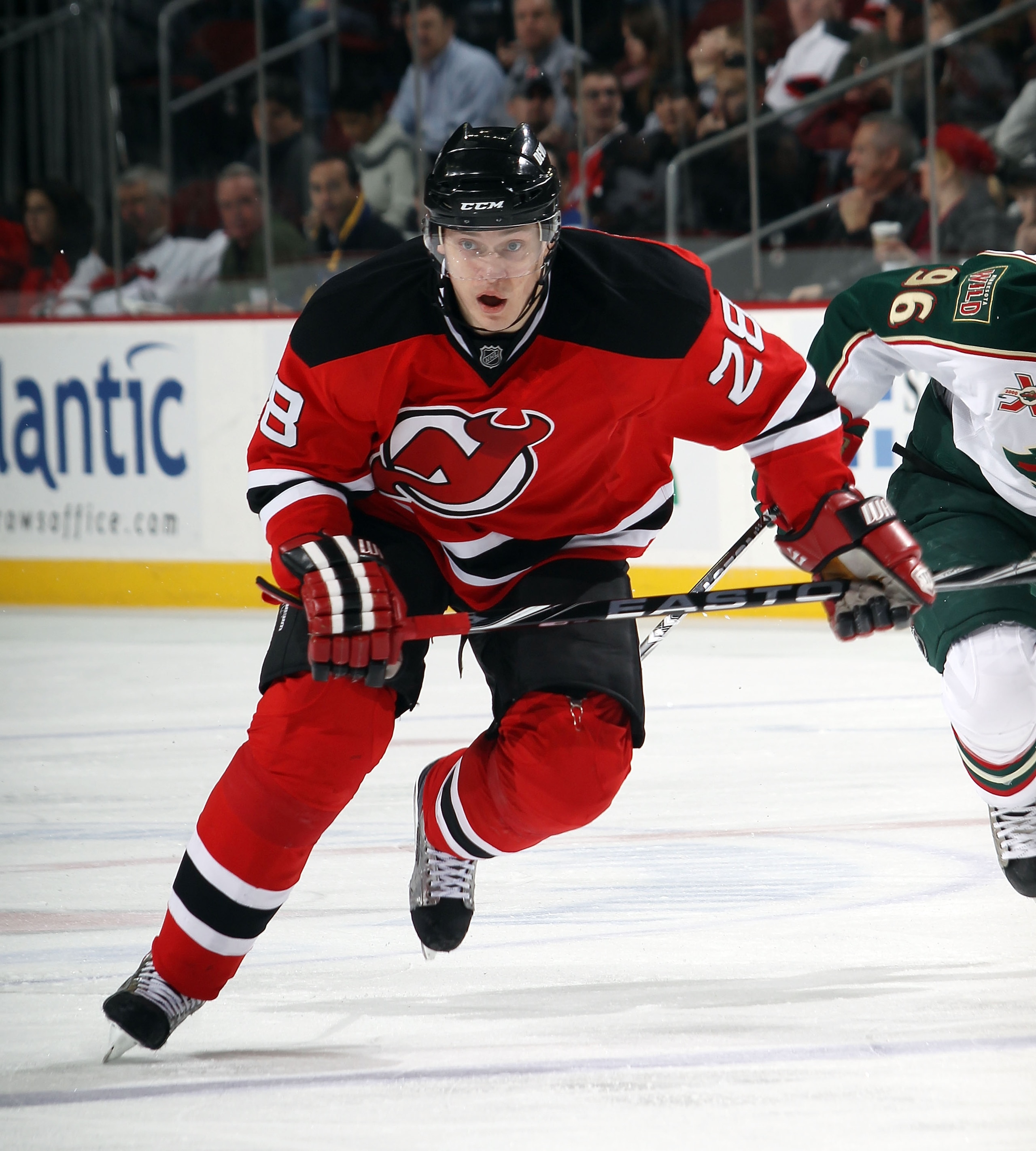 NEWARK, NJ - JANUARY 04: Anton Volchenkov #28 of the New Jersey Devils skates against the Carolina Hurricanes at the Prudential Center on January 4, 2011 in Newark, New Jersey. The Wild defeated the Devils 2-1.  (Photo by Bruce Bennett/Getty Images)