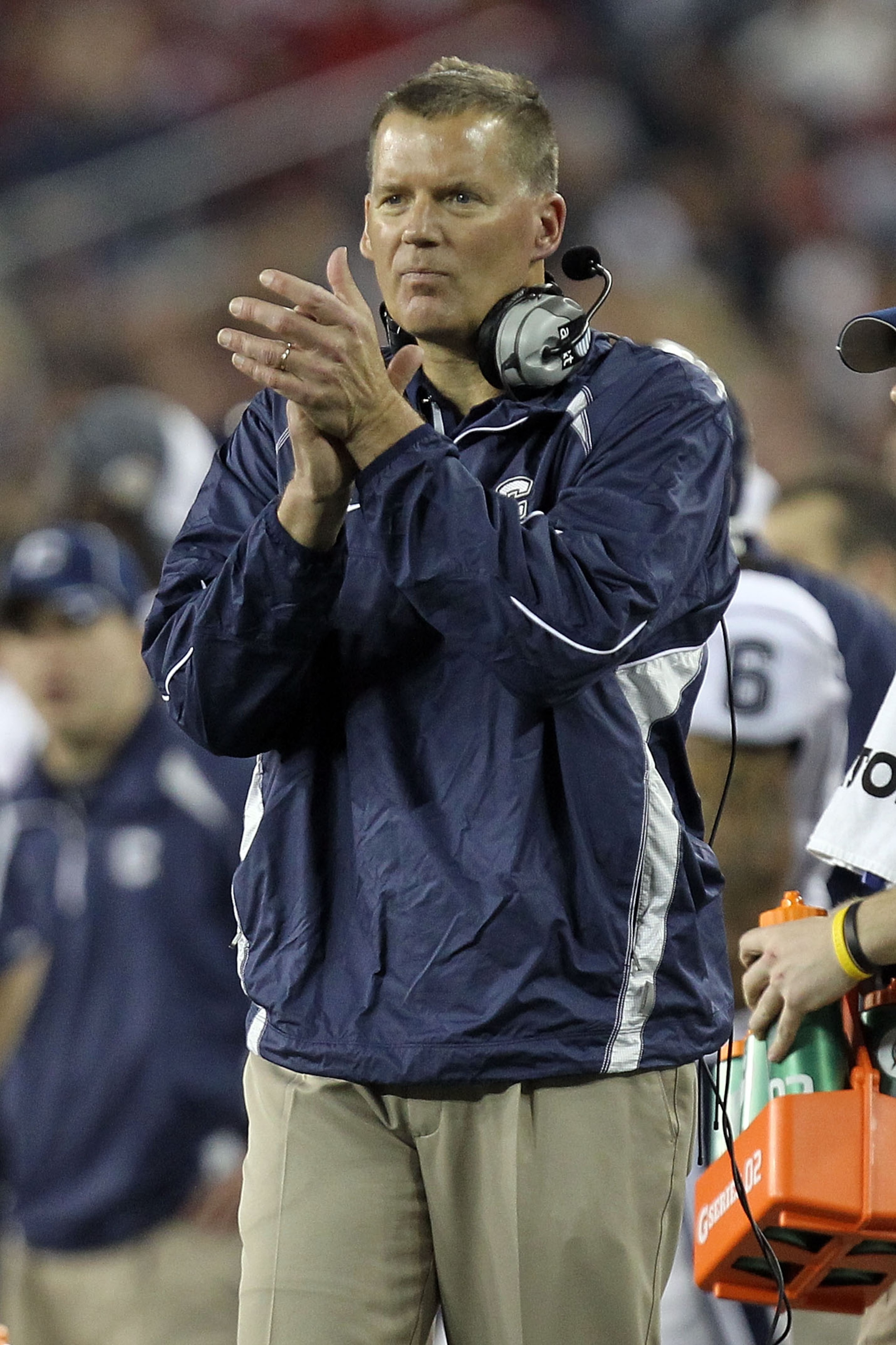 GLENDALE, AZ - JANUARY 01:  Head coach Randy Edall of the Connecticut Huskies reacts while taking on the Oklahoma Sooners during the Tostitos Fiesta Bowl at the Universtity of Phoenix Stadium on January 1, 2011 in Glendale, Arizona.  (Photo by Ronald Mart