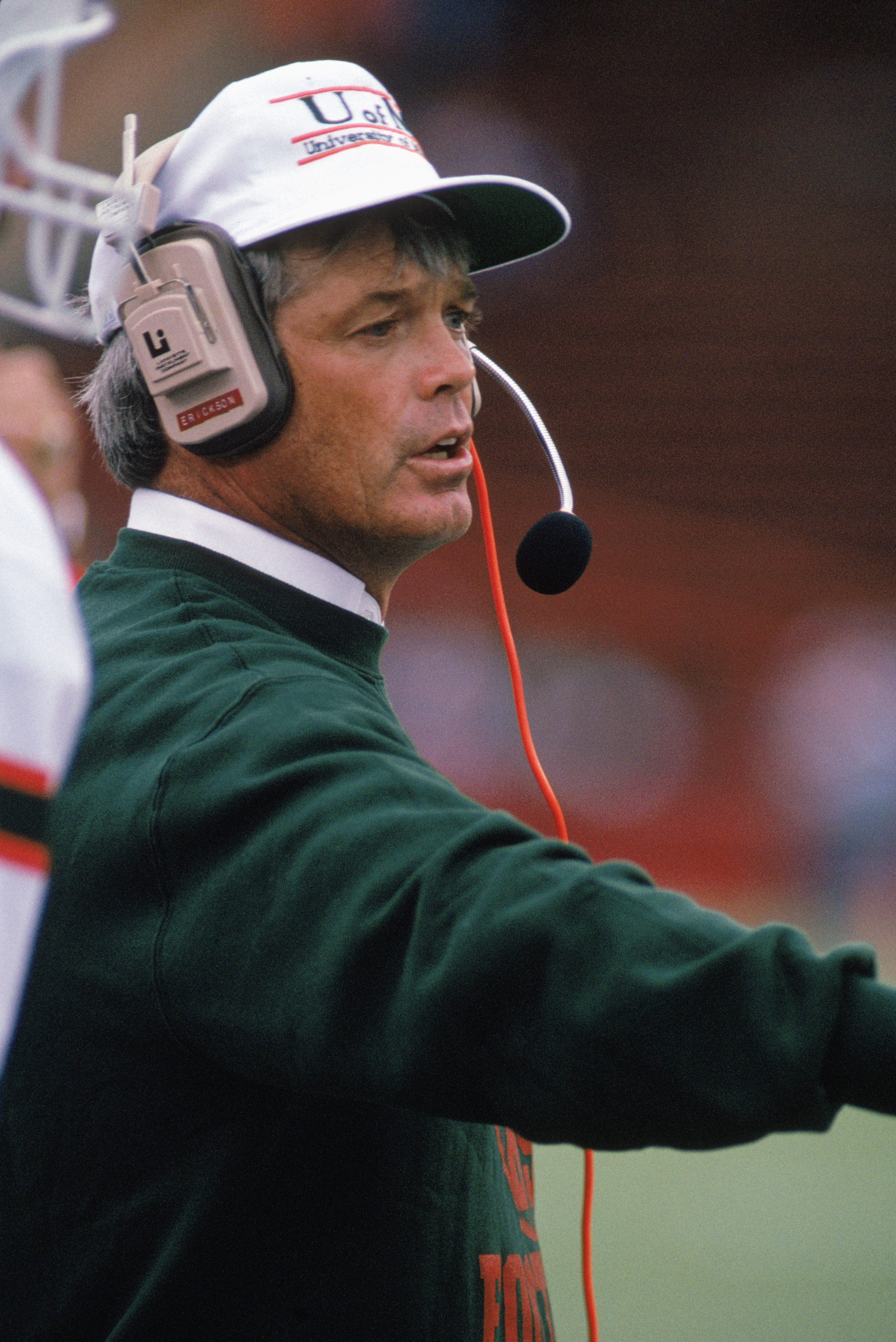 SEPTEMBER 9:  Head Coach Dennis Erickson of the University of Miami Hurricanes instructs from the sidelines during a game against University of Wisconsin Badgers on September 9, 1989. Miami won 51-3.  (Photo by: Jonathan Daniel/Getty Images)