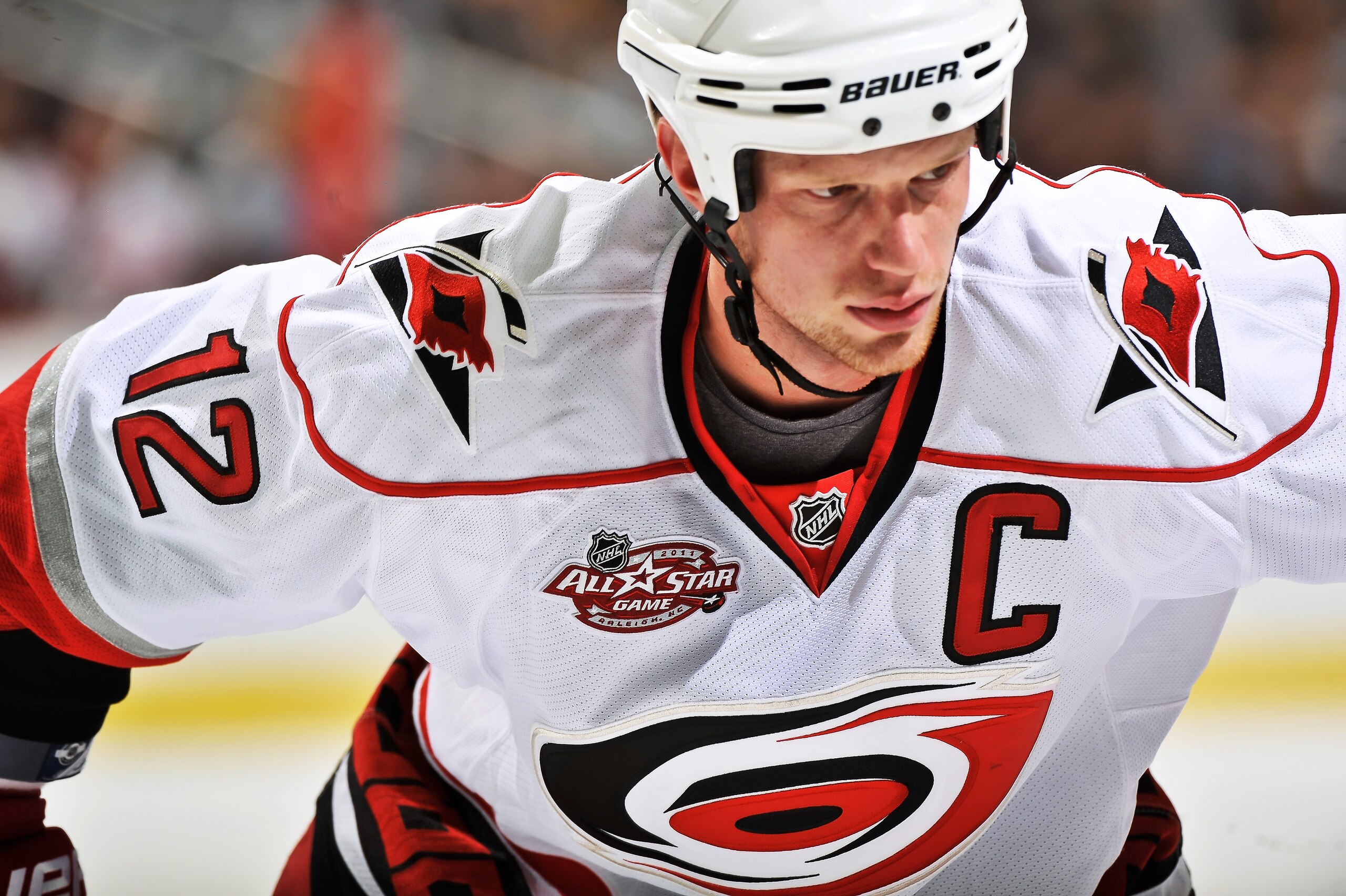 PITTSBURGH - NOVEMBER 19:  Eric Staal #12 of the Carolina Hurricanes waits to take a face off against the Pittsburgh Penguins on November 19, 2010 at Consol Energy Center in Pittsburgh, Pennsylvania.  (Photo by Jamie Sabau/Getty Images)