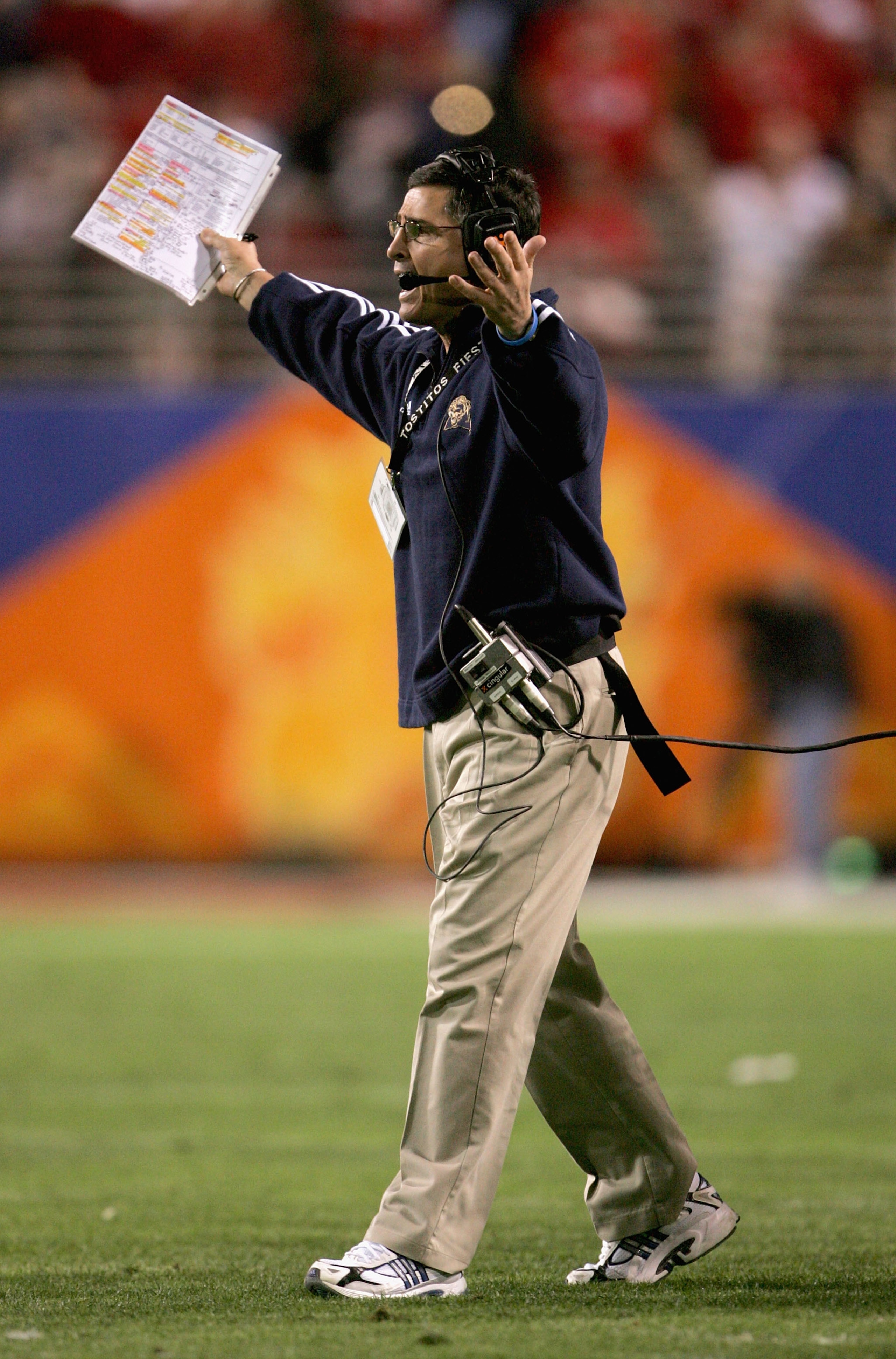 TEMPE, AZ - JANUARY 1:  Pittsburgh head coach, Walt Harris, yells to his team from the sidelines during the Tostito's Fiesta Bowl against Utah at the Sun Devil Stadium on January 1, 2005 in Tempe, Arizona. (Photo by Jeff Gross/Getty Images).