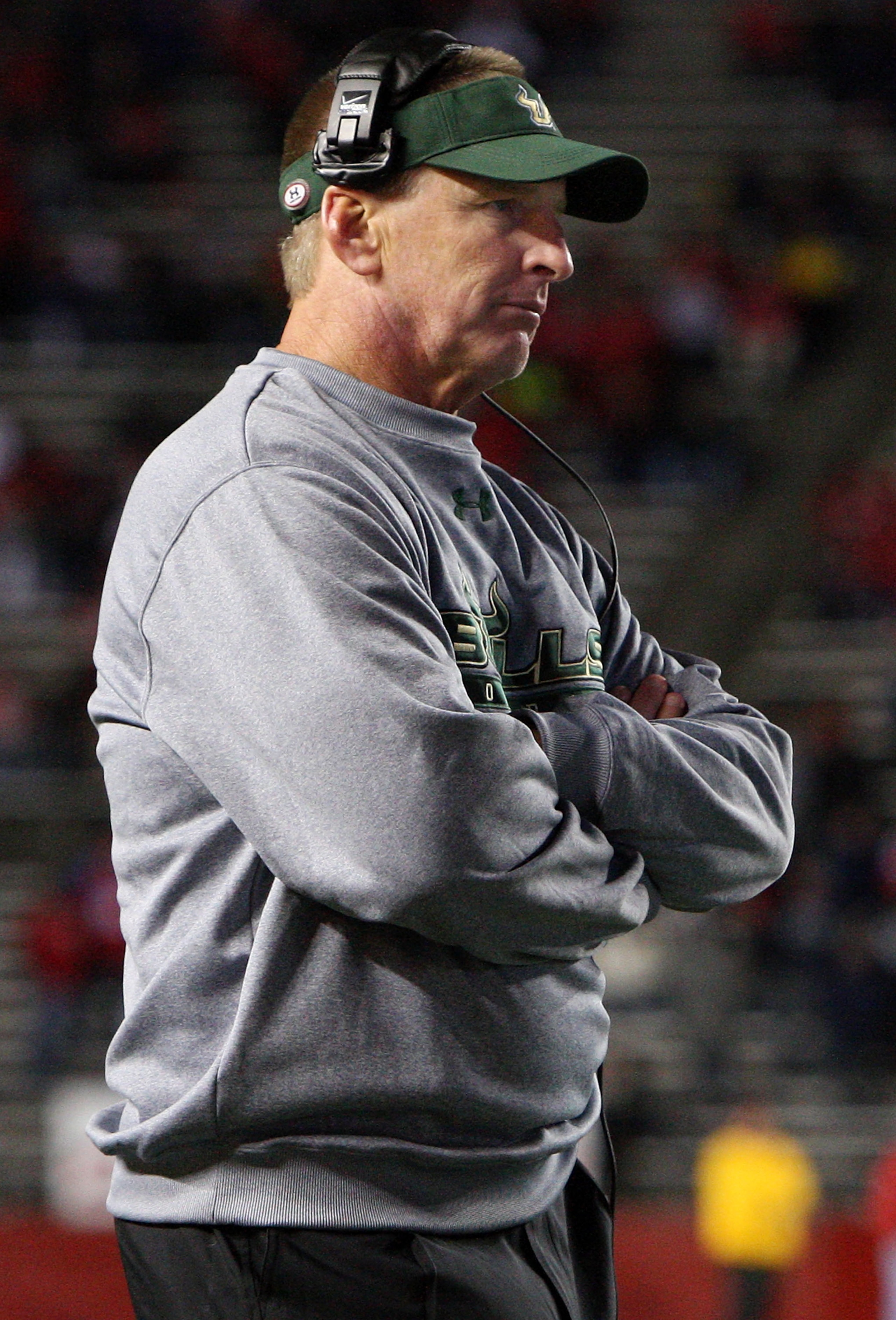 PISCATAWAY, NJ - NOVEMBER 12:  Head coach Jim Leavitt of the South Florida Bulls looks on against the Rutgers Scarlet Knights at Rutgers Stadium on November 12, 2009 in Piscataway, New Jersey. Rutgers won the game 31-0.  (Photo by Jim McIsaac/Getty Images
