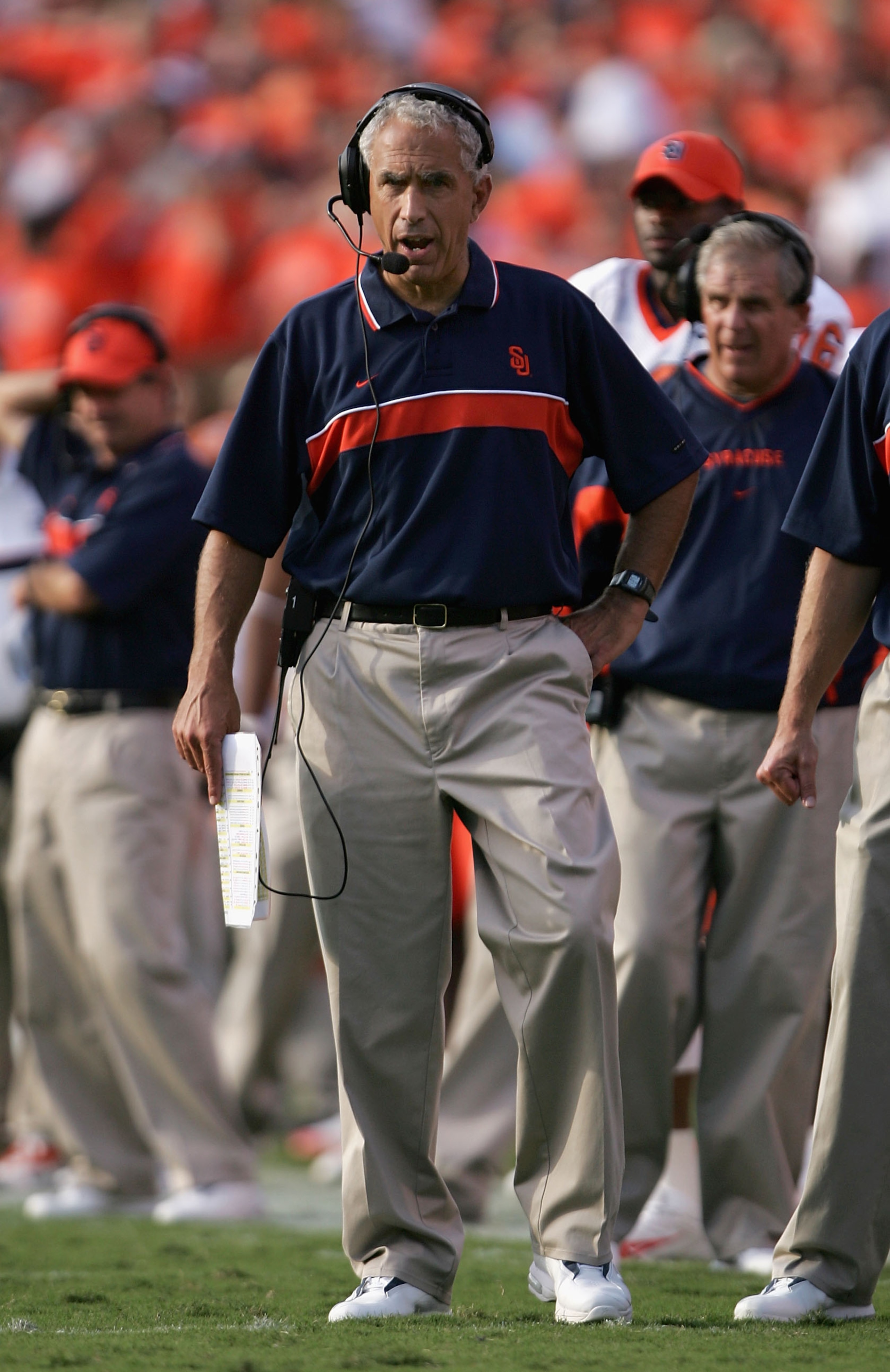CHARLOTTESVILLE, VA - SEPTEMBER 25:  Head coach Paul Pasqualoni of the Syracuse Orangemen directs his team against the Virginia Cavaliers as the Cavaliers defeated the Orangemen 31-10 at Scott Stadium on September 25, 2004 in Charlottesville, Virginia. (P