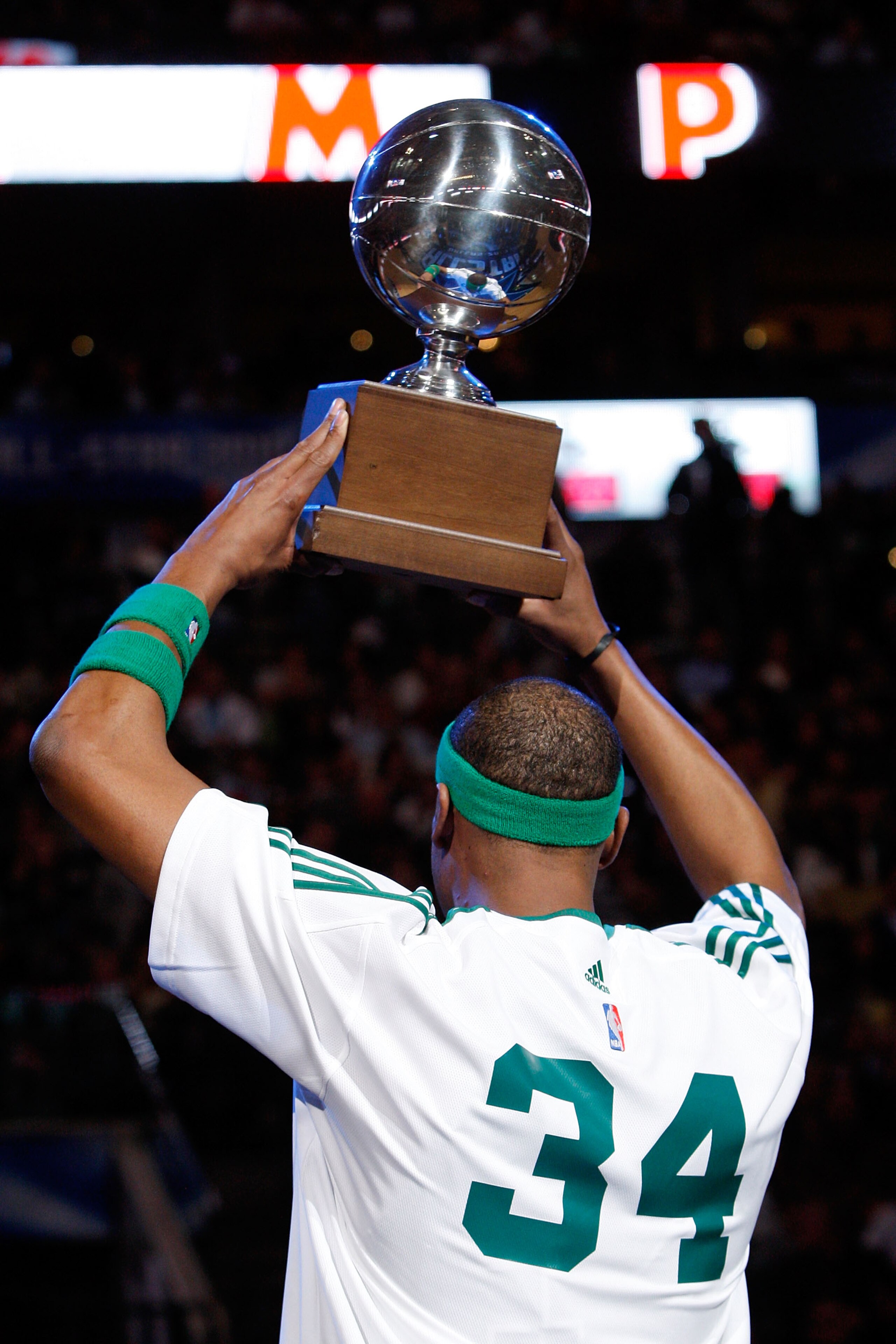 DALLAS - FEBRUARY 13:  Paul Pierce #34 of the Boston Celtics celebrates with the Champions Trophy after winning the Foot Locker Three Point Shootout on All-Star Saturday Night, part of 2010 NBA All-Star Weekend at American Airlines Center on February 13,